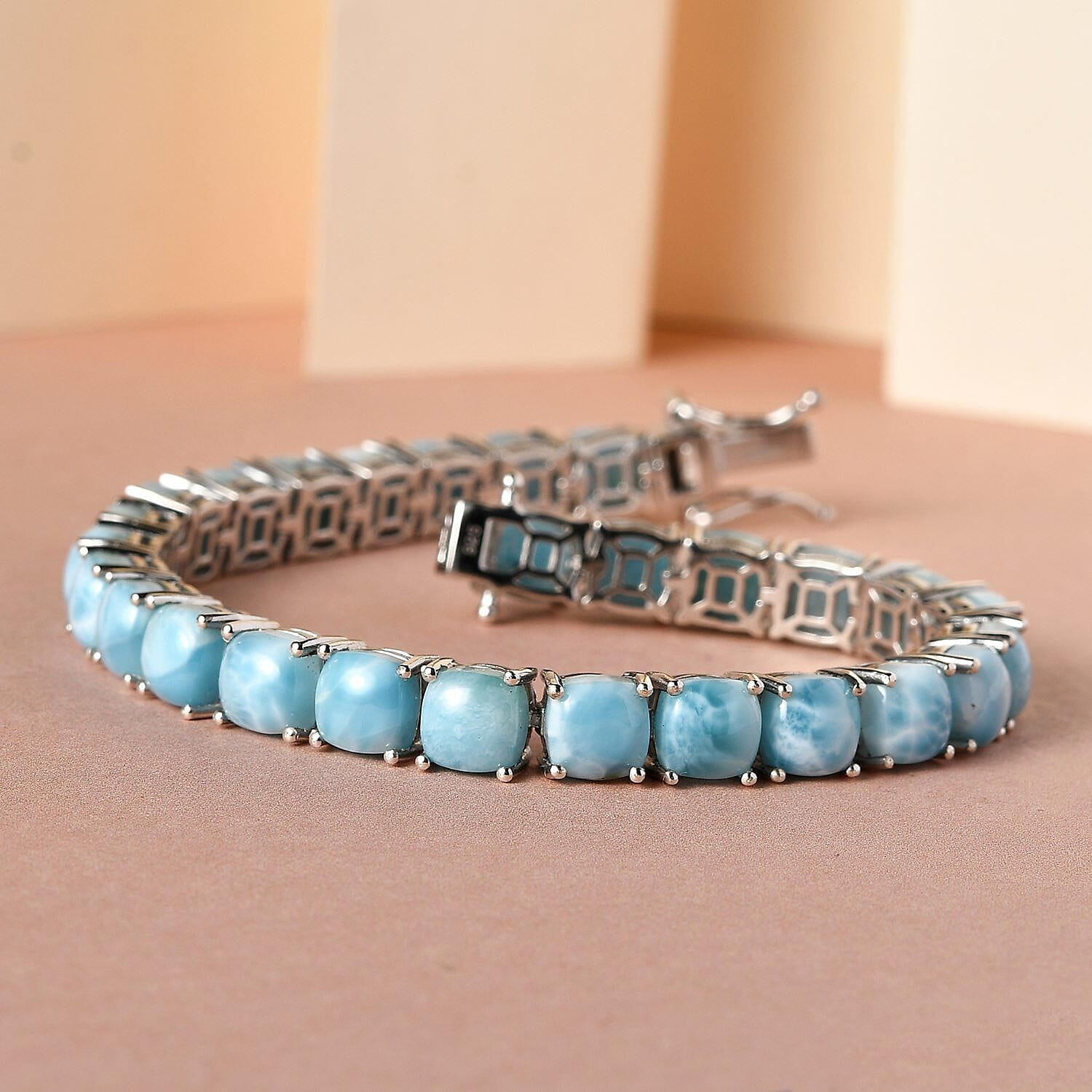 Larimar Tennis Bracelet (Size - 7) in Platinum Overlay Sterling Silver 30.00 Ct, Silver Wt. 11.64 Gms.