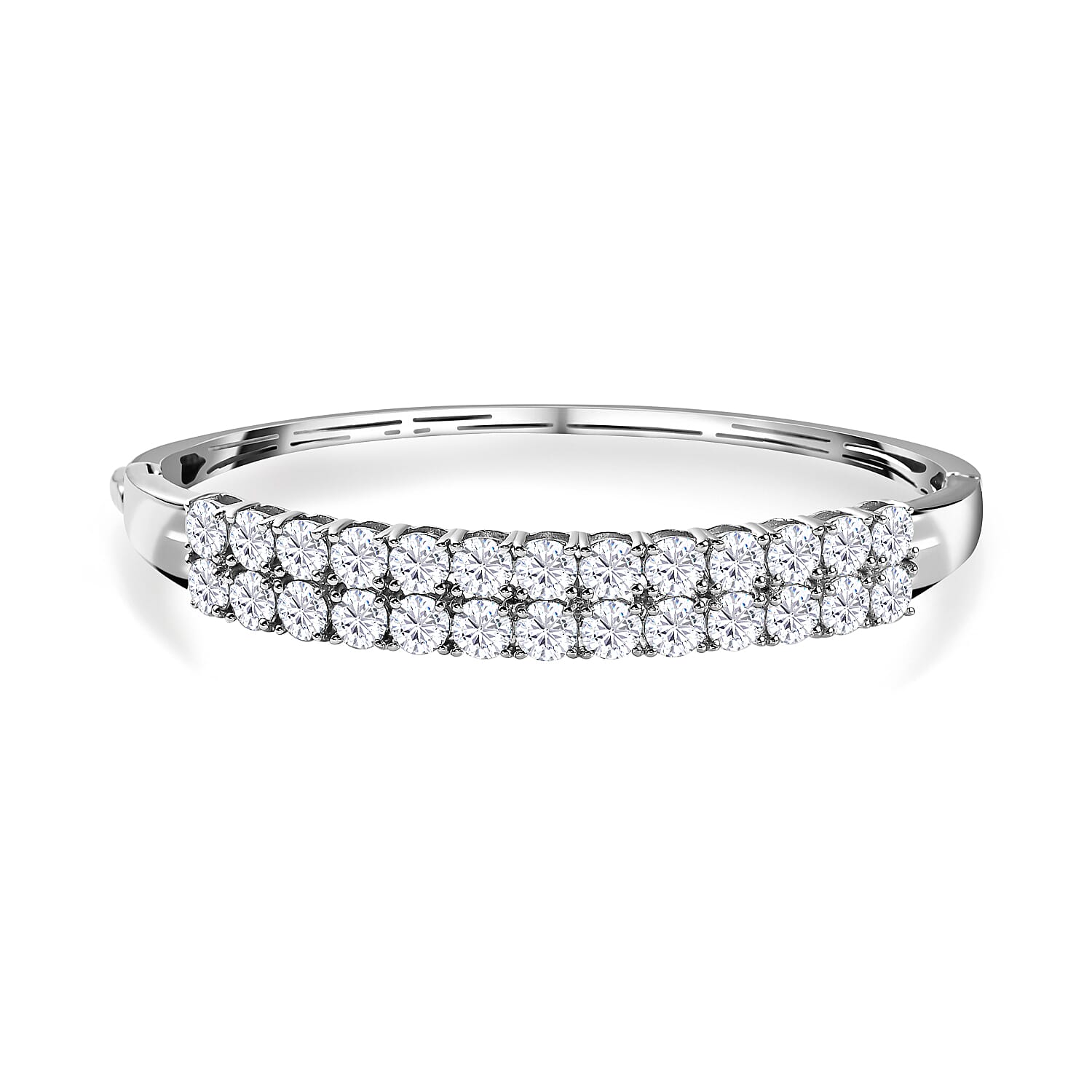 Moissanite Full Bangle (Size - 7.5) in Platinum Overlay Sterling Silver 12.01 Ct, Silver Wt. 17.55 Gms.