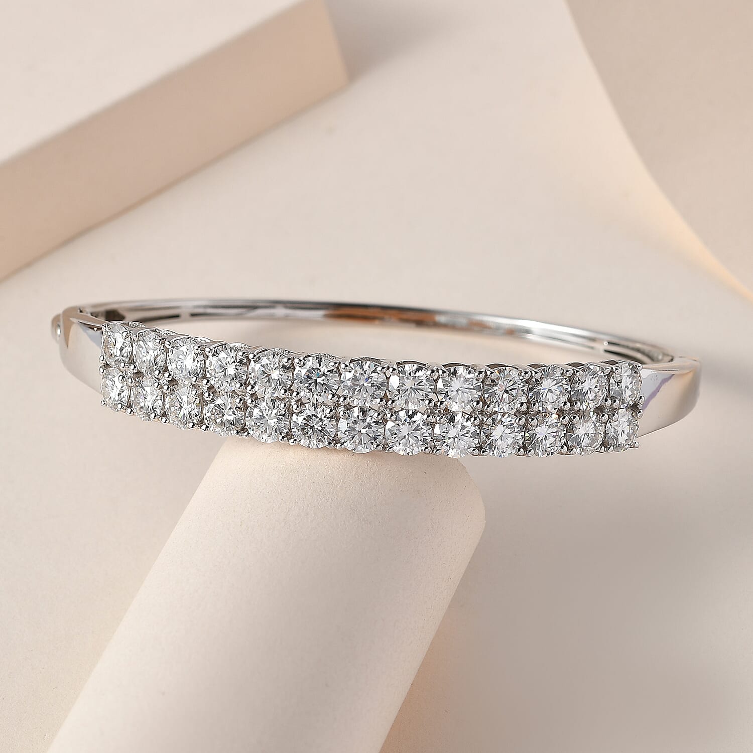 Moissanite Full Bangle (Size - 7.5) in Platinum Overlay Sterling Silver 12.01 Ct, Silver Wt. 17.55 Gms.