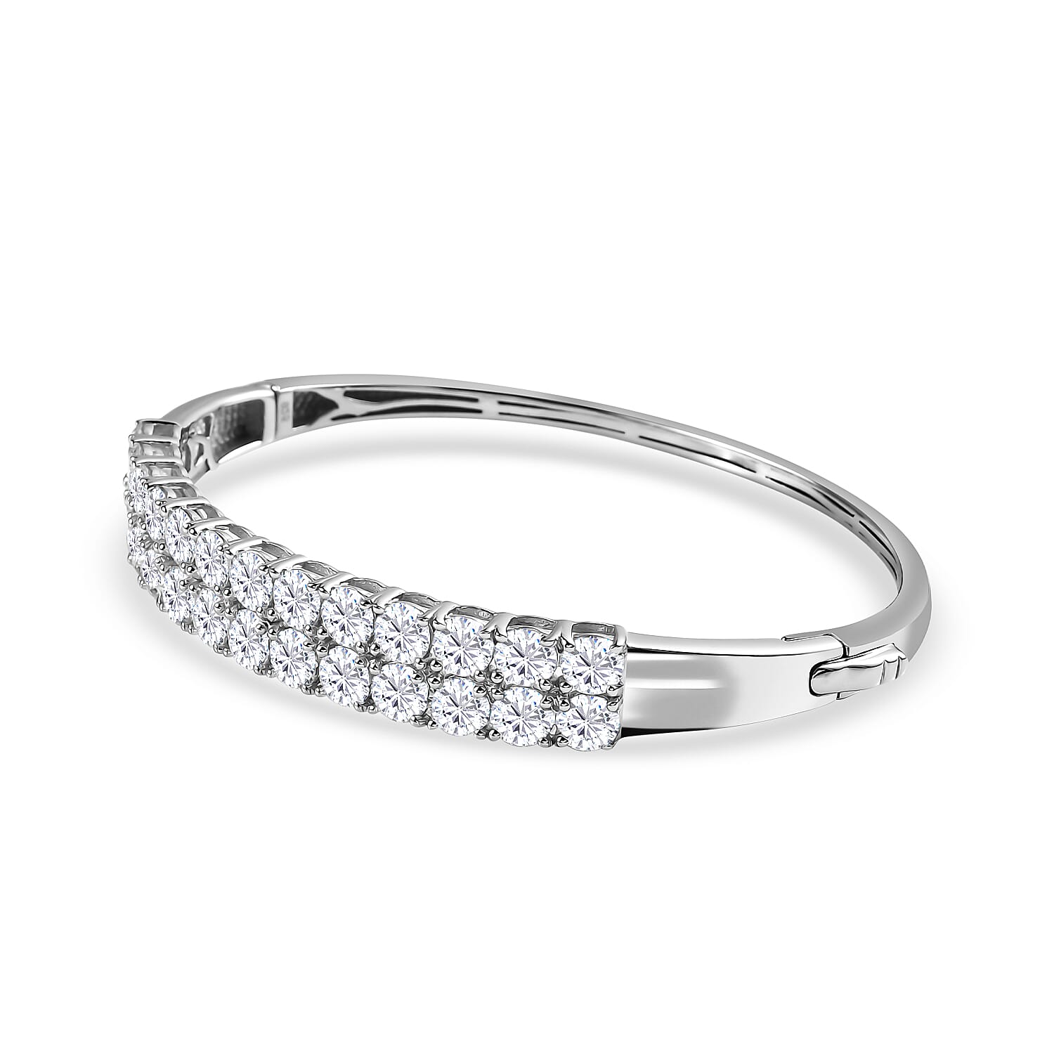 Moissanite Full Bangle (Size - 7.5) in Platinum Overlay Sterling Silver 12.01 Ct, Silver Wt. 17.55 Gms.