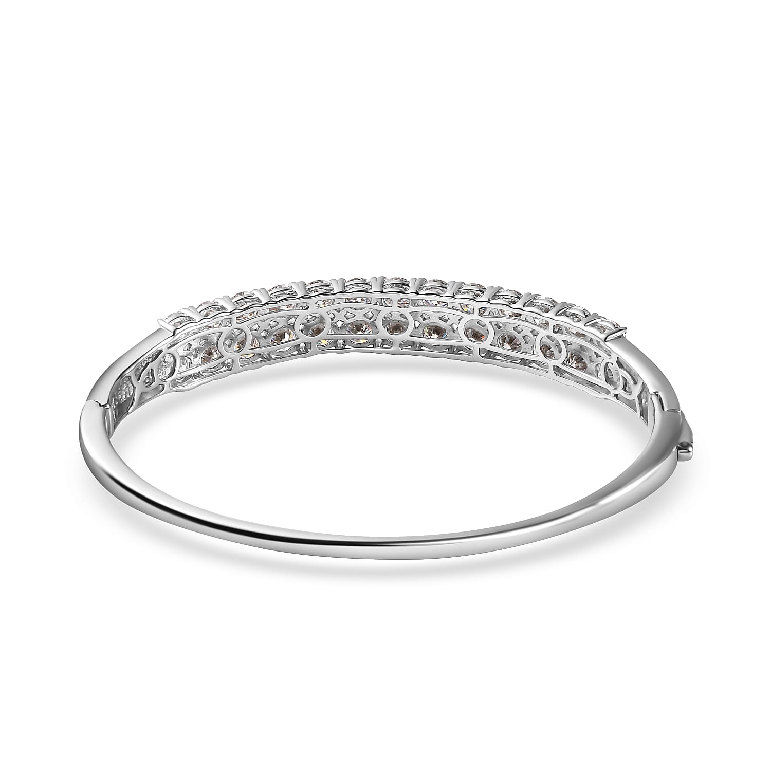 Moissanite Full Bangle (Size - 7.5) in Platinum Overlay Sterling Silver 12.01 Ct, Silver Wt. 17.55 Gms.