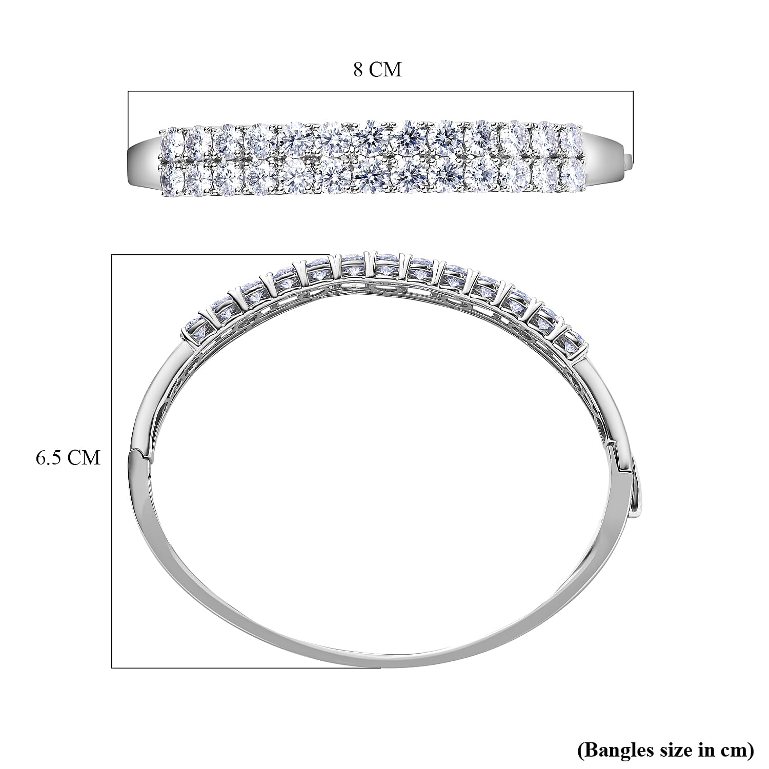 Moissanite Full Bangle (Size - 7.5) in Platinum Overlay Sterling Silver 12.01 Ct, Silver Wt. 17.55 Gms.