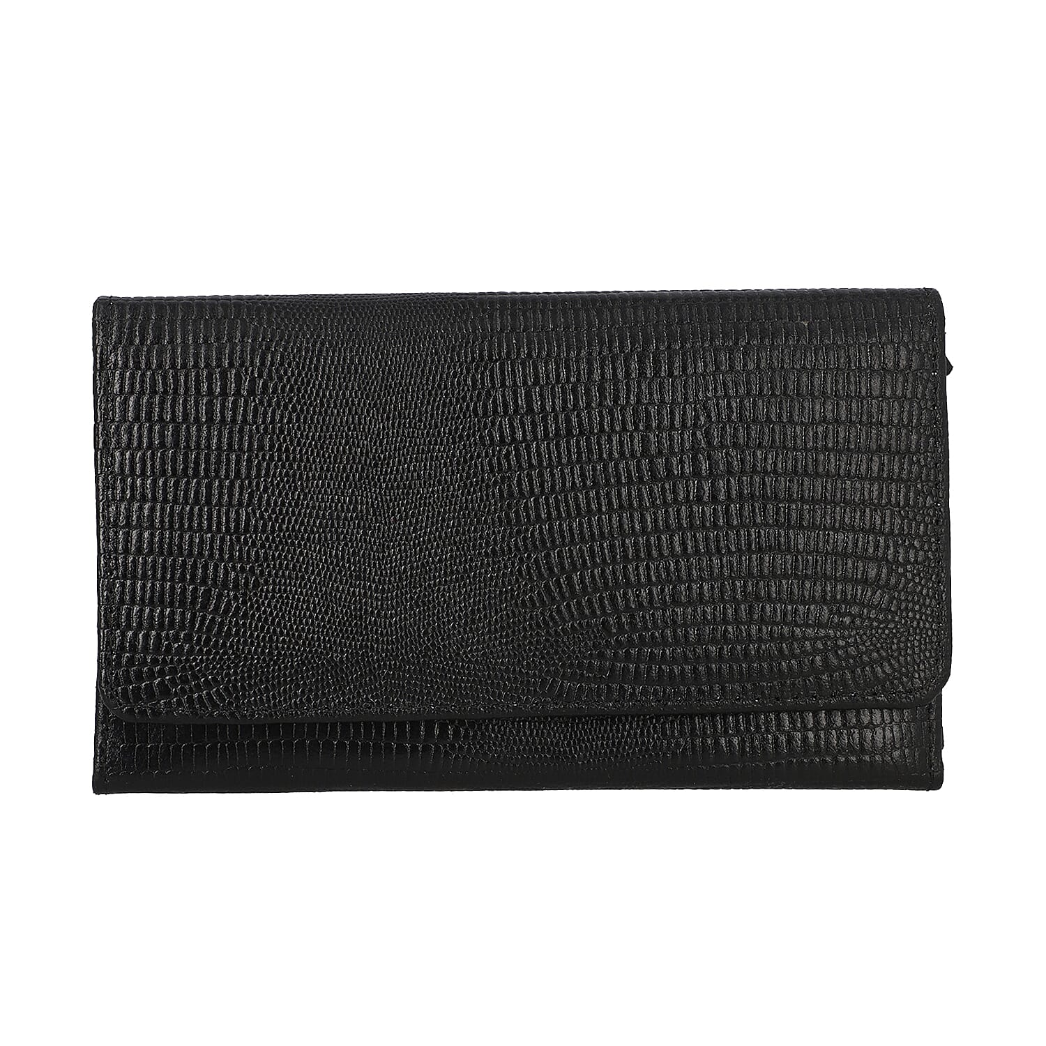 Genuine Leather Lizard Embossed Pattern Womens Rfid Protected Wallet - Black