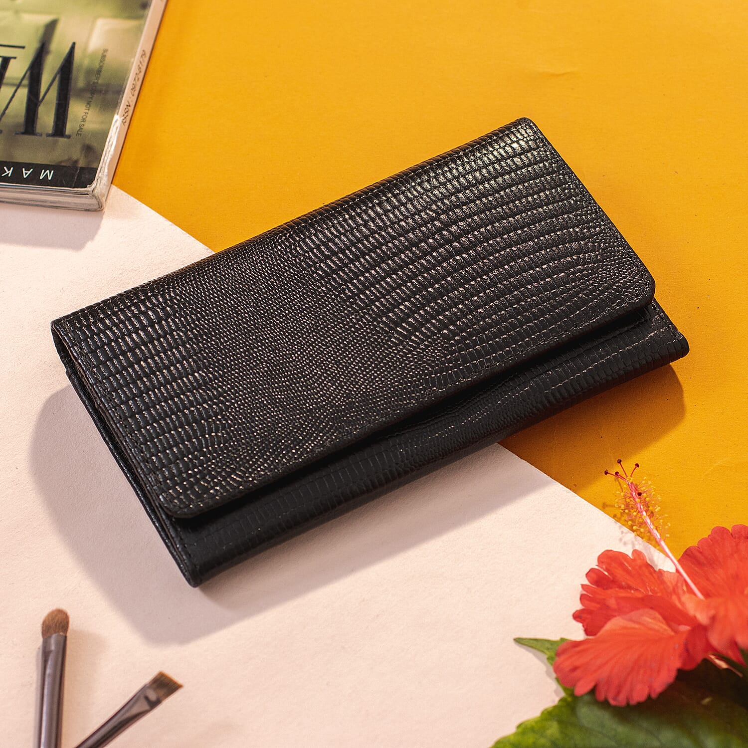 Genuine Leather Lizard Embossed Pattern Womens Rfid Protected Wallet - Black
