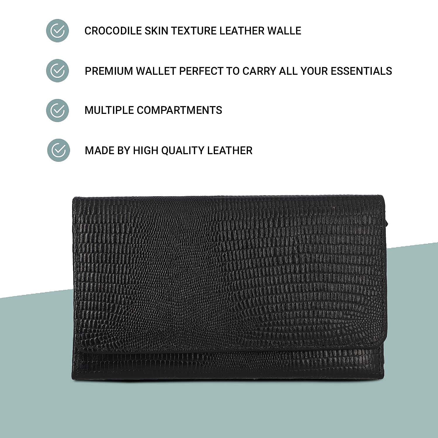 Genuine Leather Lizard Embossed Pattern Womens Rfid Protected Wallet - Black