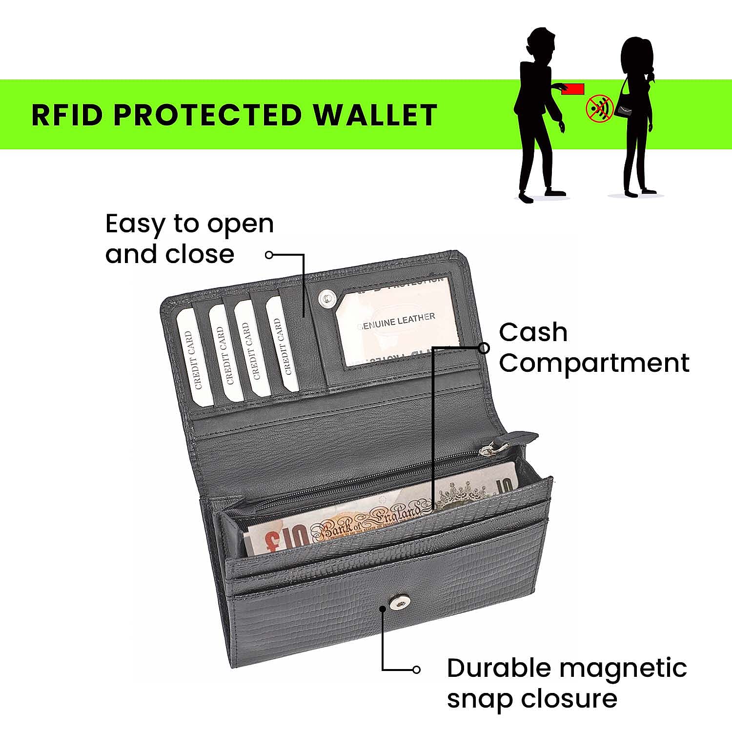 Genuine Leather Lizard Embossed Pattern Womens Rfid Protected Wallet - Black