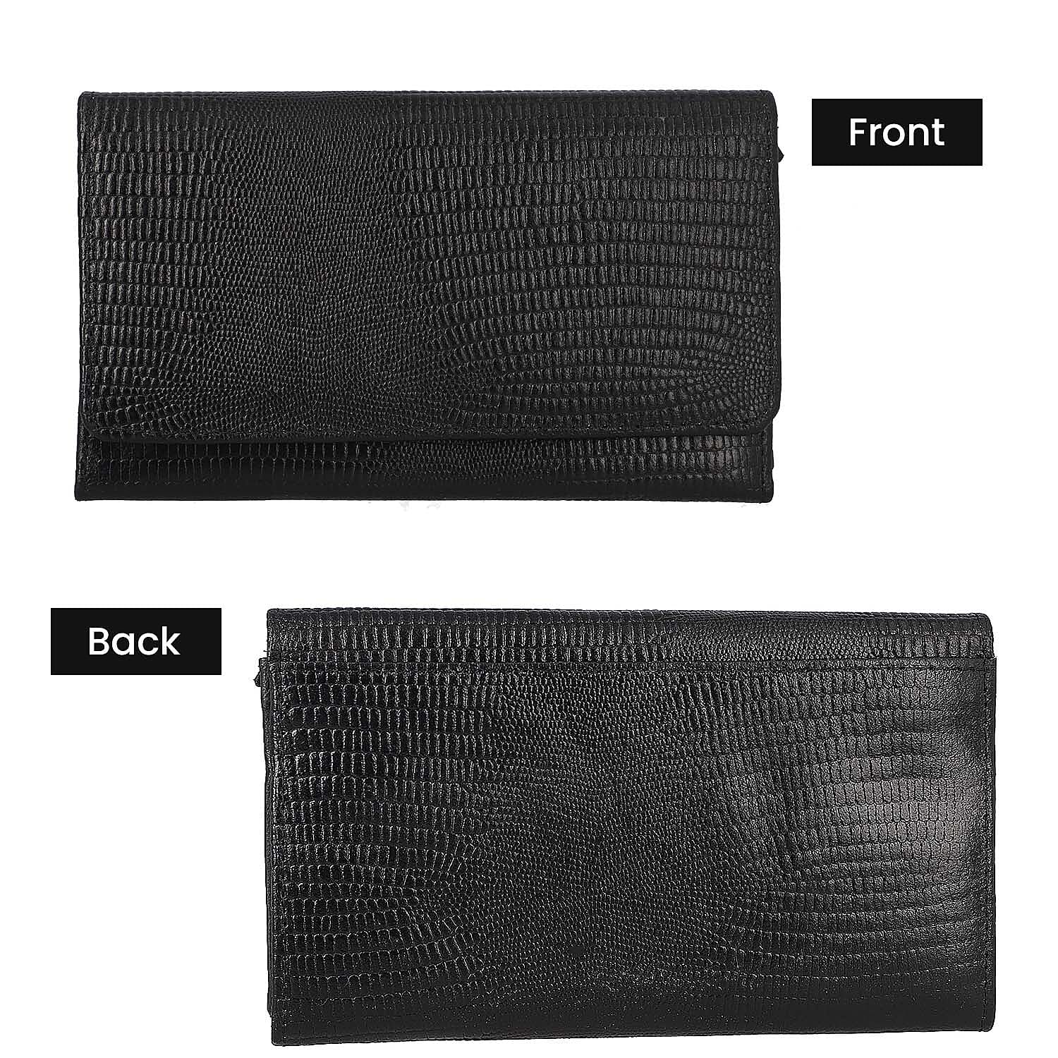 Genuine Leather Lizard Embossed Pattern Womens Rfid Protected Wallet - Black