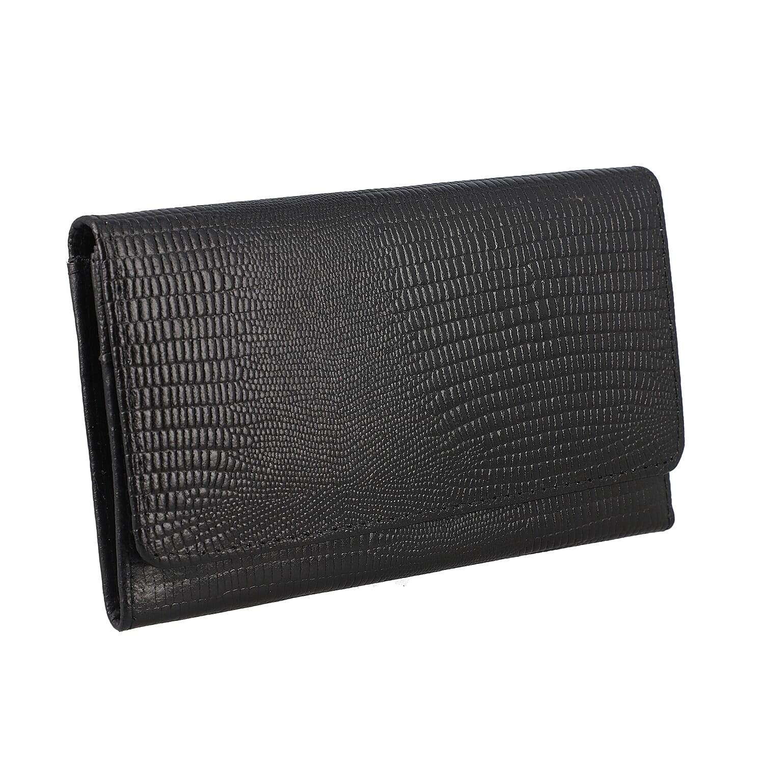 Genuine Leather Lizard Embossed Pattern Womens Rfid Protected Wallet - Black