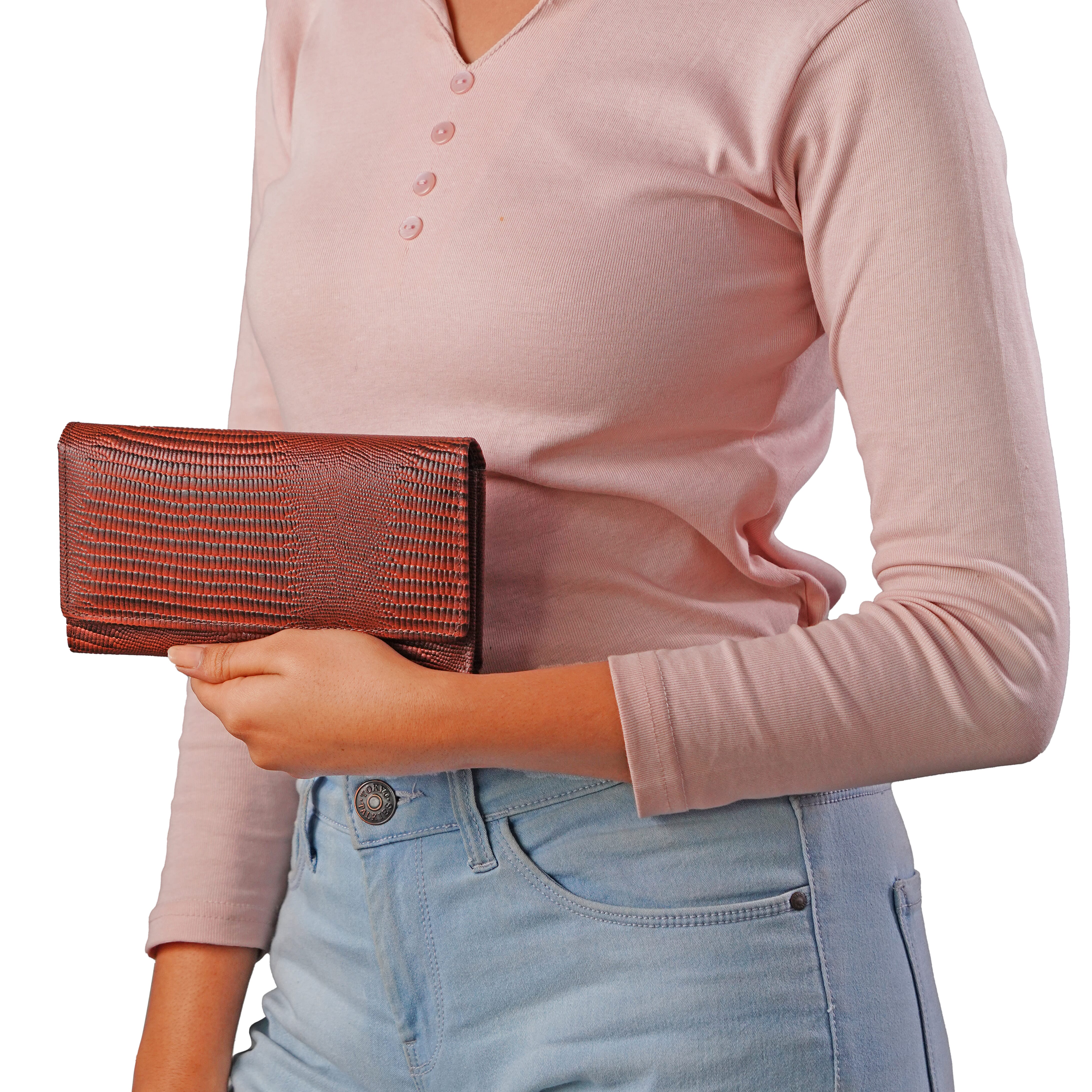 100% Genuine Leather Lizard Embossed Womens RFID Protected Wallet (Size 18x10 Cm) - Brown