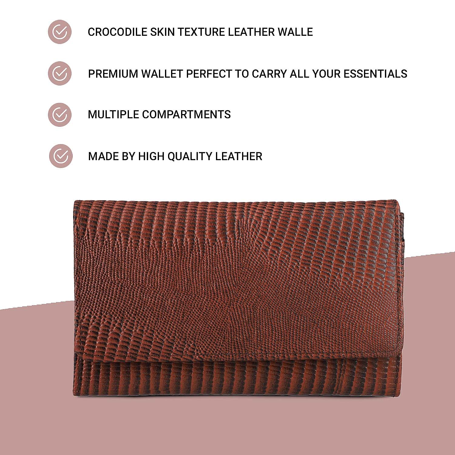 100% Genuine Leather Lizard Embossed Womens RFID Protected Wallet (Size 18x10 Cm) - Brown