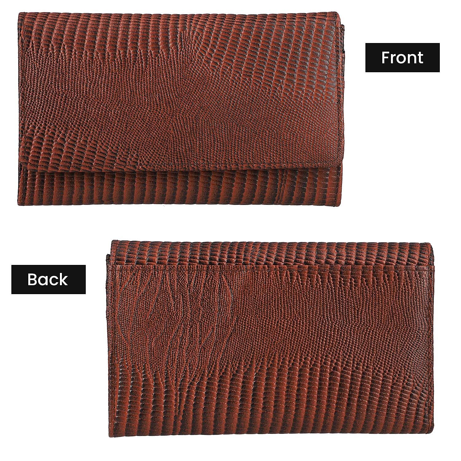 100% Genuine Leather Lizard Embossed Womens RFID Protected Wallet (Size 18x10 Cm) - Brown