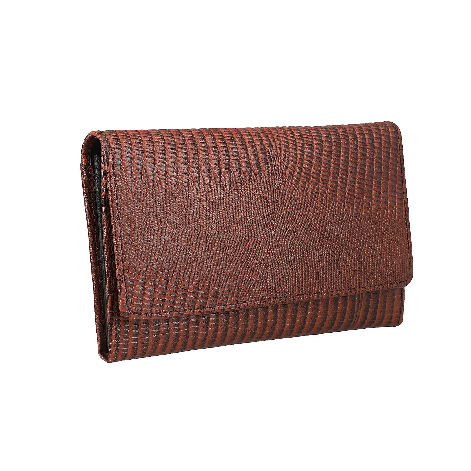 100% Genuine Leather Lizard Embossed Womens RFID Protected Wallet (Size 18x10 Cm) - Brown