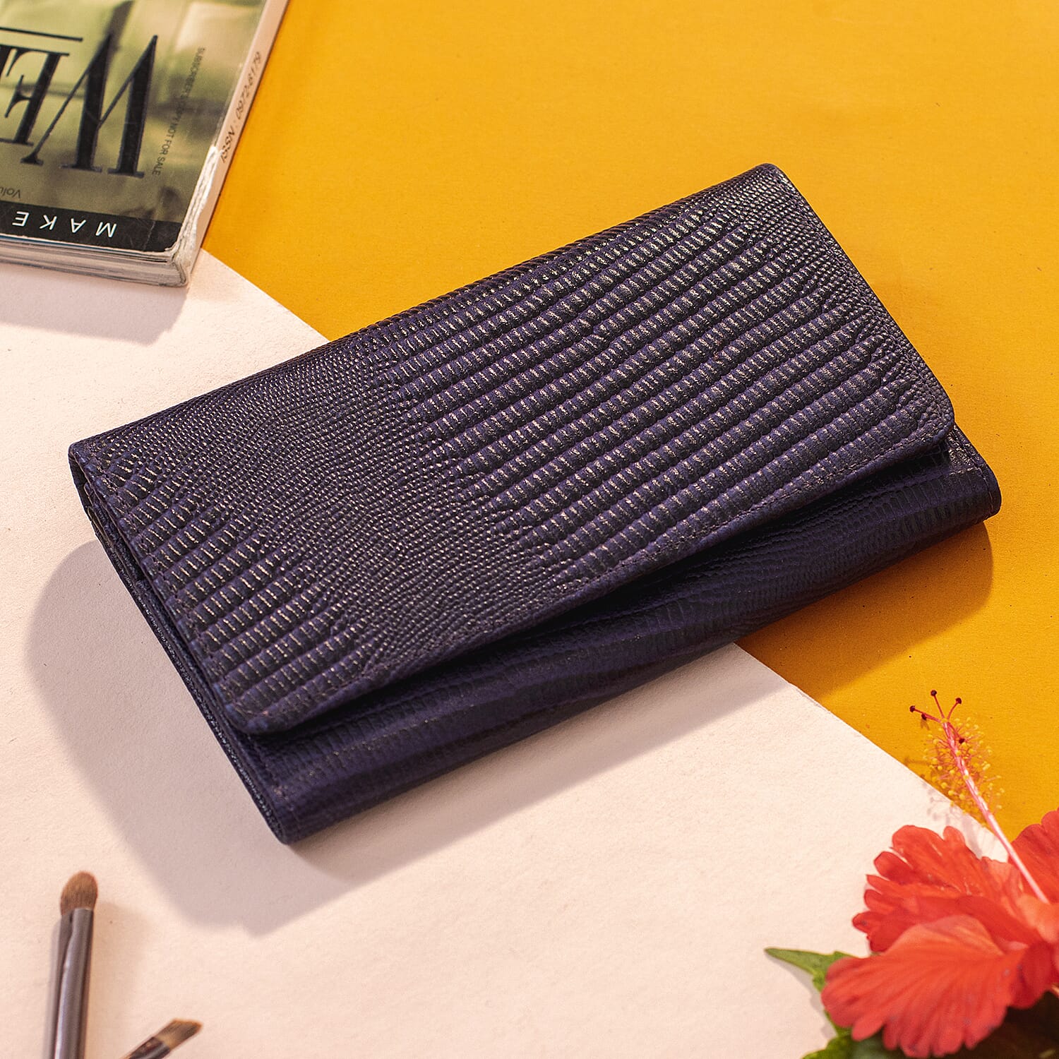 100% Genuine Leather Lizard Embossed Womens RFID Protected Wallet (Size 18x10 Cm) - Purple