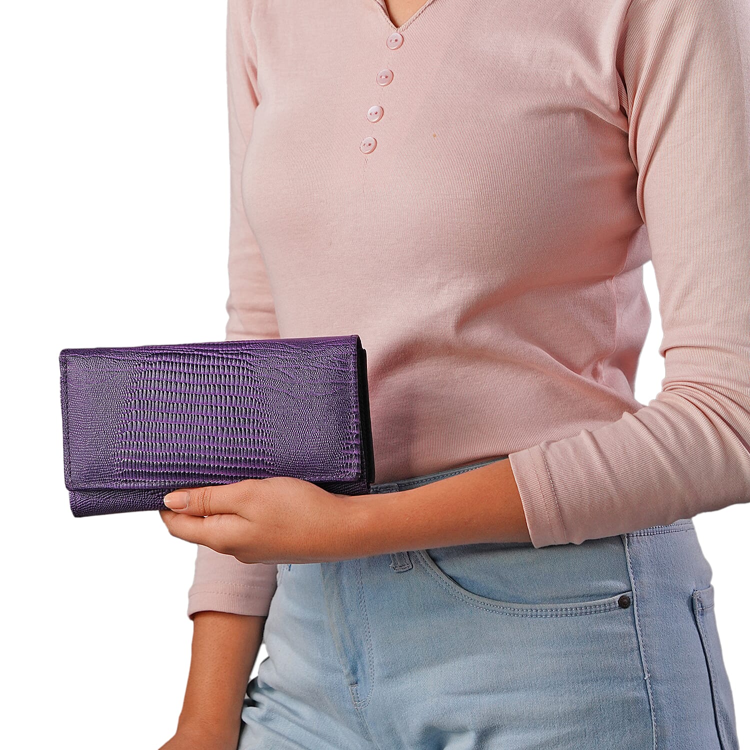 100% Genuine Leather Lizard Embossed Womens RFID Protected Wallet (Size 18x10 Cm) - Purple