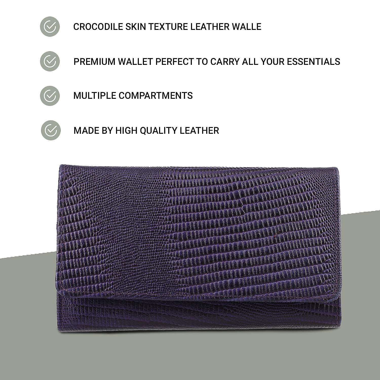 100% Genuine Leather Lizard Embossed Womens RFID Protected Wallet (Size 18x10 Cm) - Purple