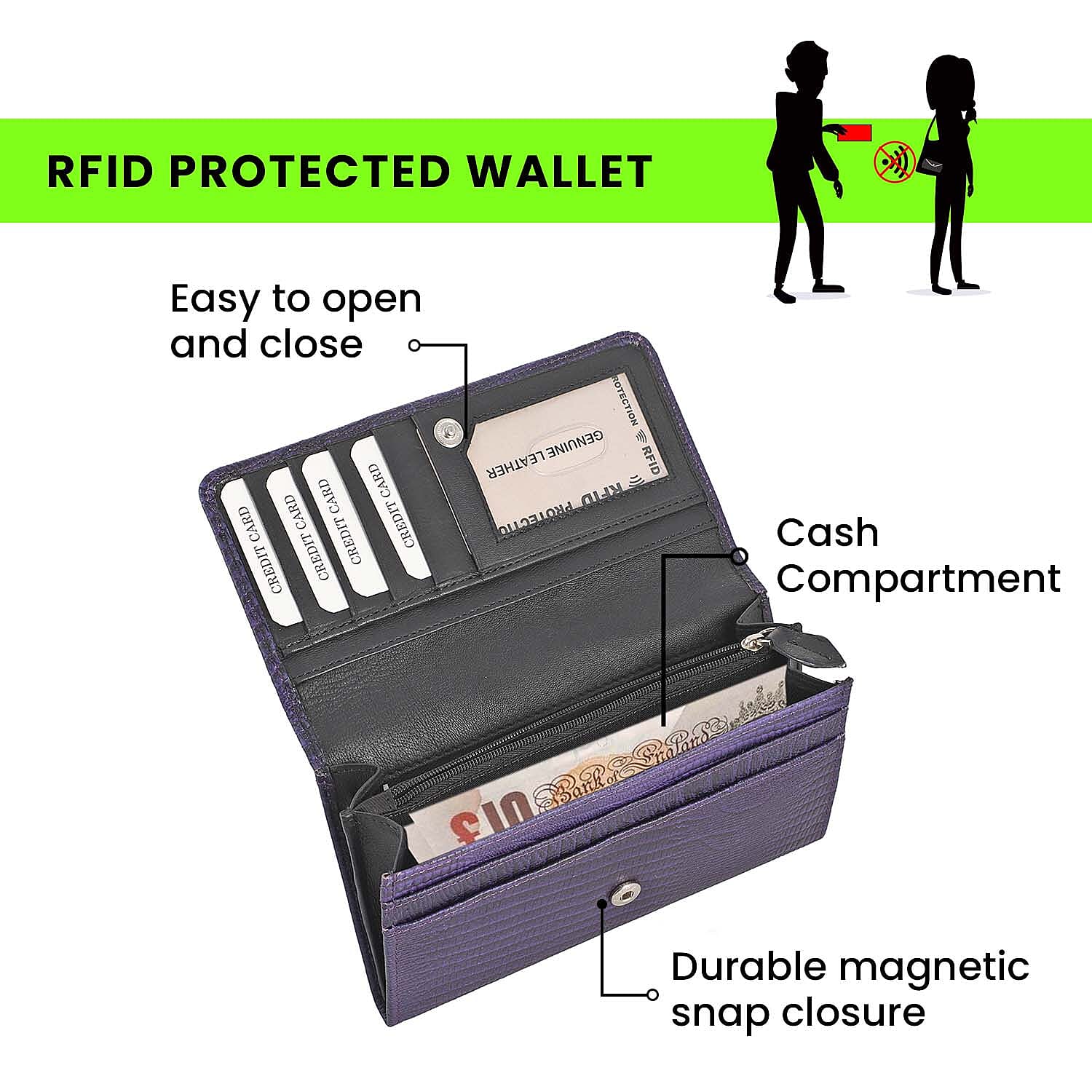 100% Genuine Leather Lizard Embossed Womens RFID Protected Wallet (Size 18x10 Cm) - Purple