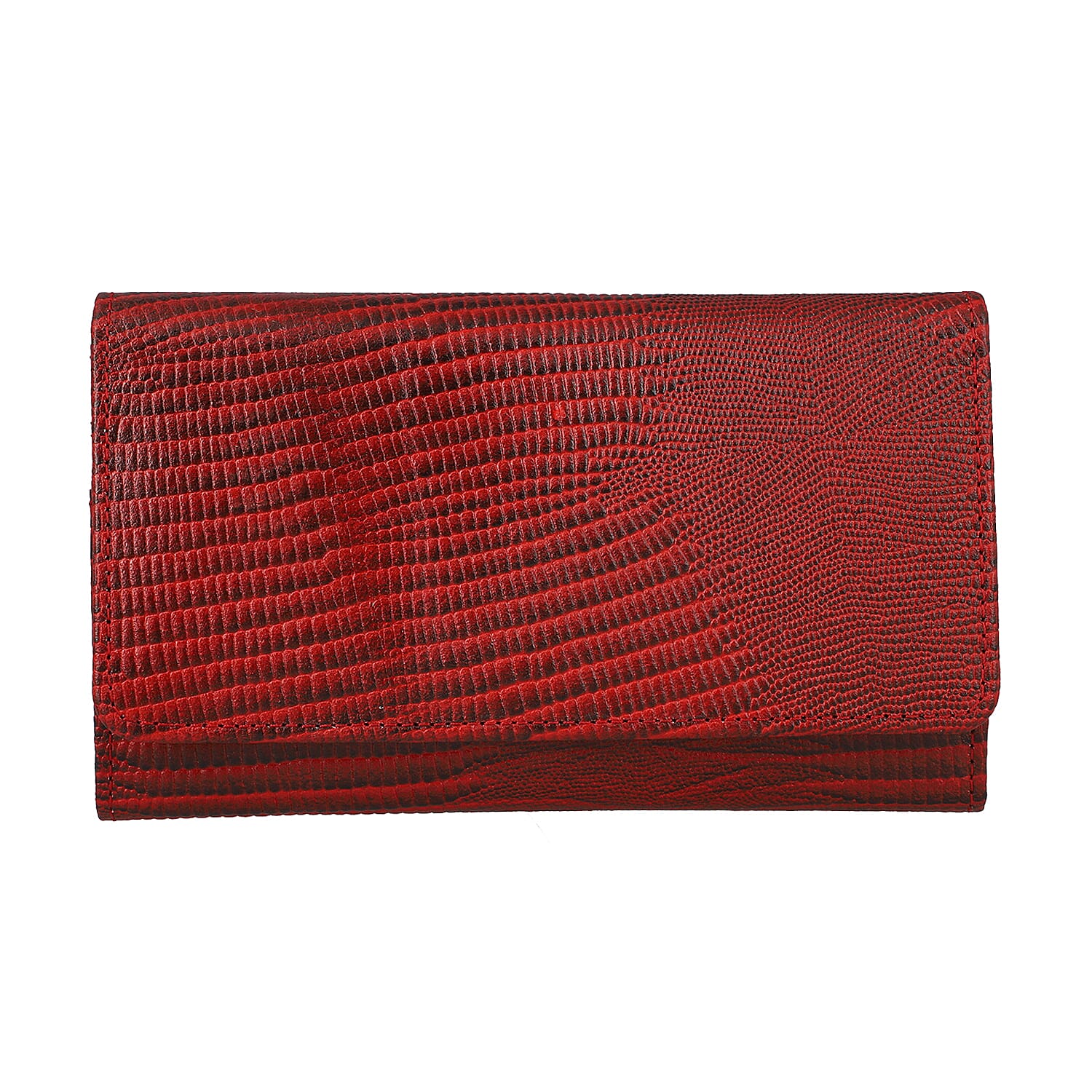 100% Genuine Leather Lizard Embossed Womens RFID Protected Wallet (Size 18x10 Cm) - Red