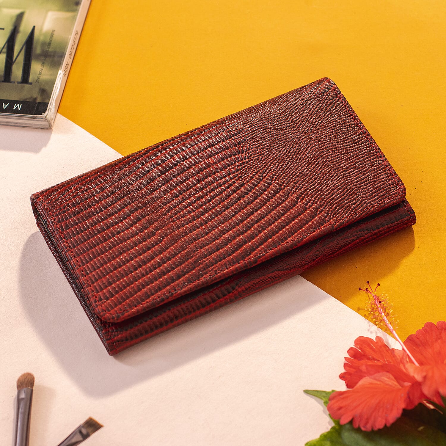 100% Genuine Leather Lizard Embossed Womens RFID Protected Wallet (Size 18x10 Cm) - Red