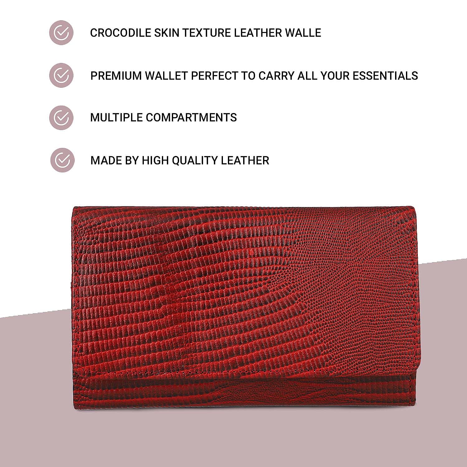 100% Genuine Leather Lizard Embossed Womens RFID Protected Wallet (Size 18x10 Cm) - Red