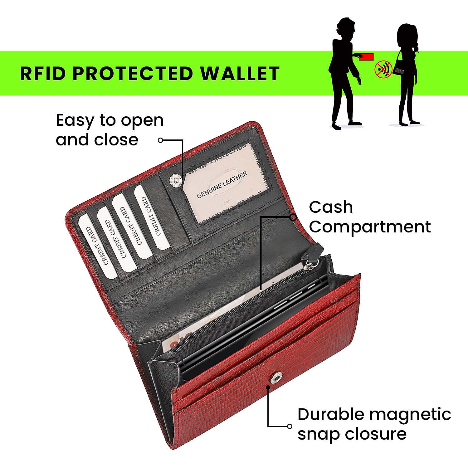 100% Genuine Leather Lizard Embossed Womens RFID Protected Wallet (Size 18x10 Cm) - Red