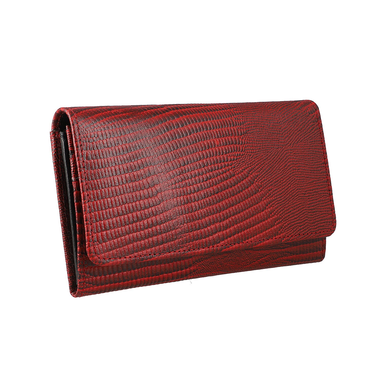 100% Genuine Leather Lizard Embossed Womens RFID Protected Wallet (Size 18x10 Cm) - Red