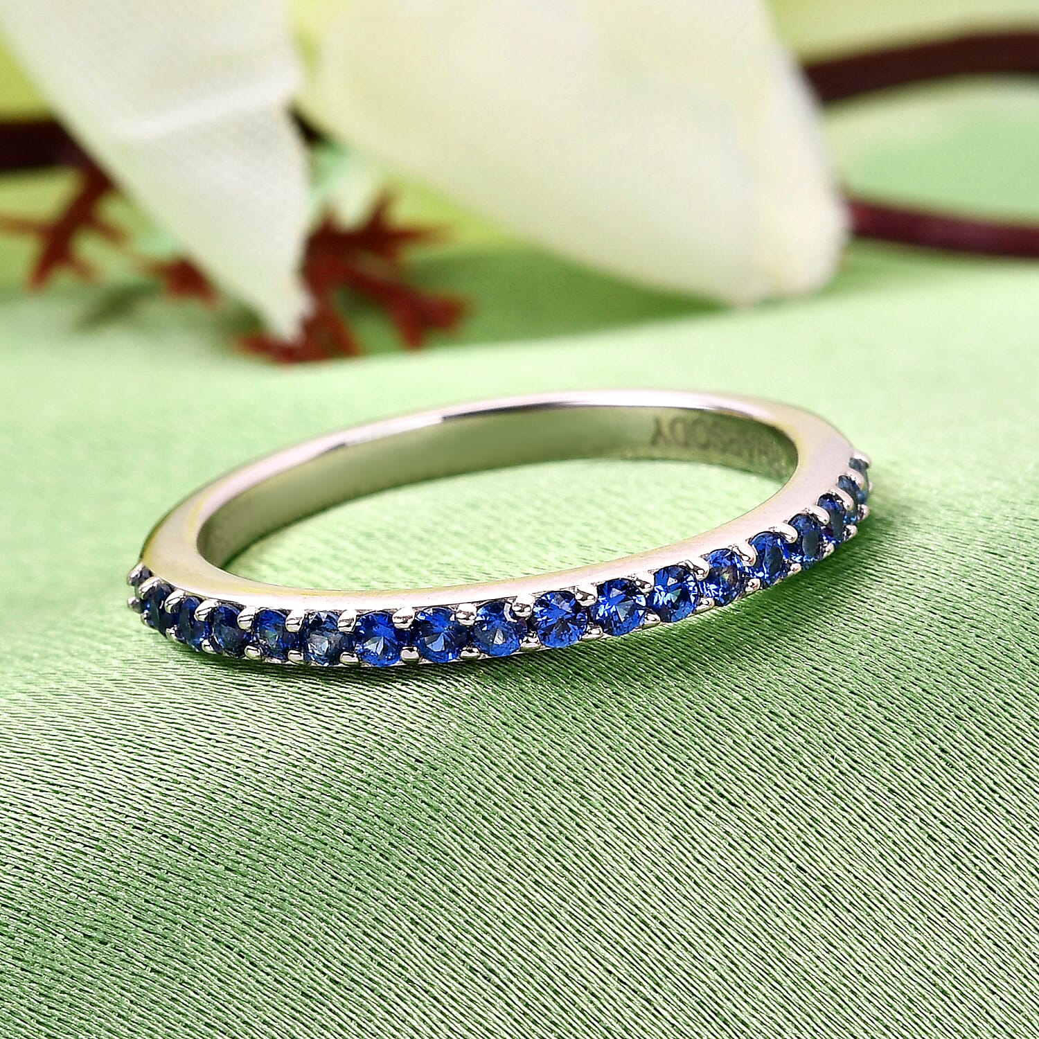 RHAPSODY 950 Platinum AAAA Ceylon Sapphire Half-Eternity Band Ring