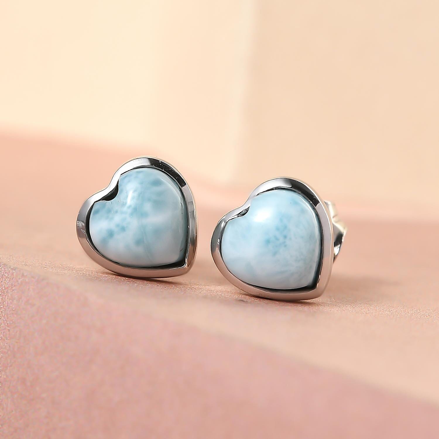 Larimar Heart Stud Earrings (With Push Back) in Platinum Overlay Sterling Silver 2.03 Ct.