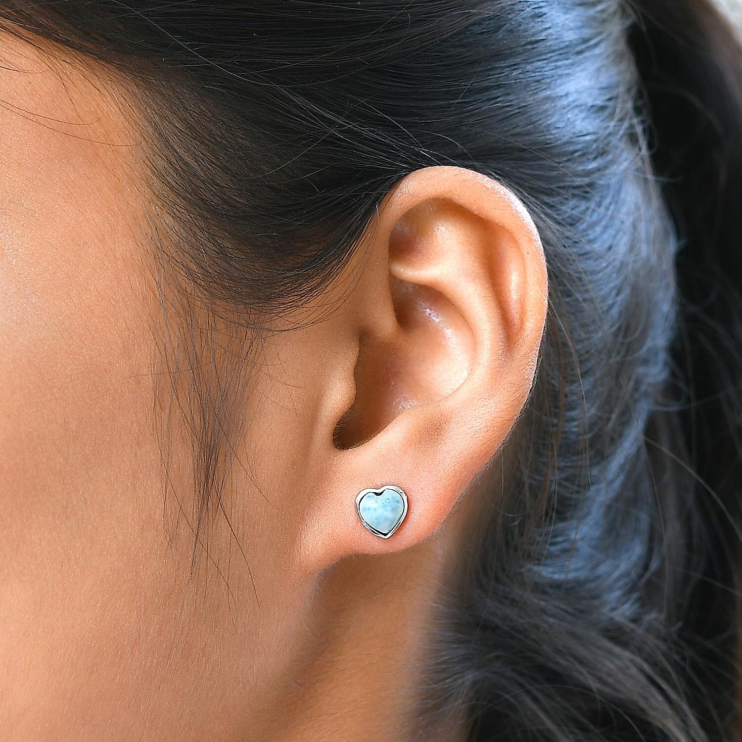 Larimar Heart Stud Earrings (With Push Back) in Platinum Overlay Sterling Silver 2.03 Ct.
