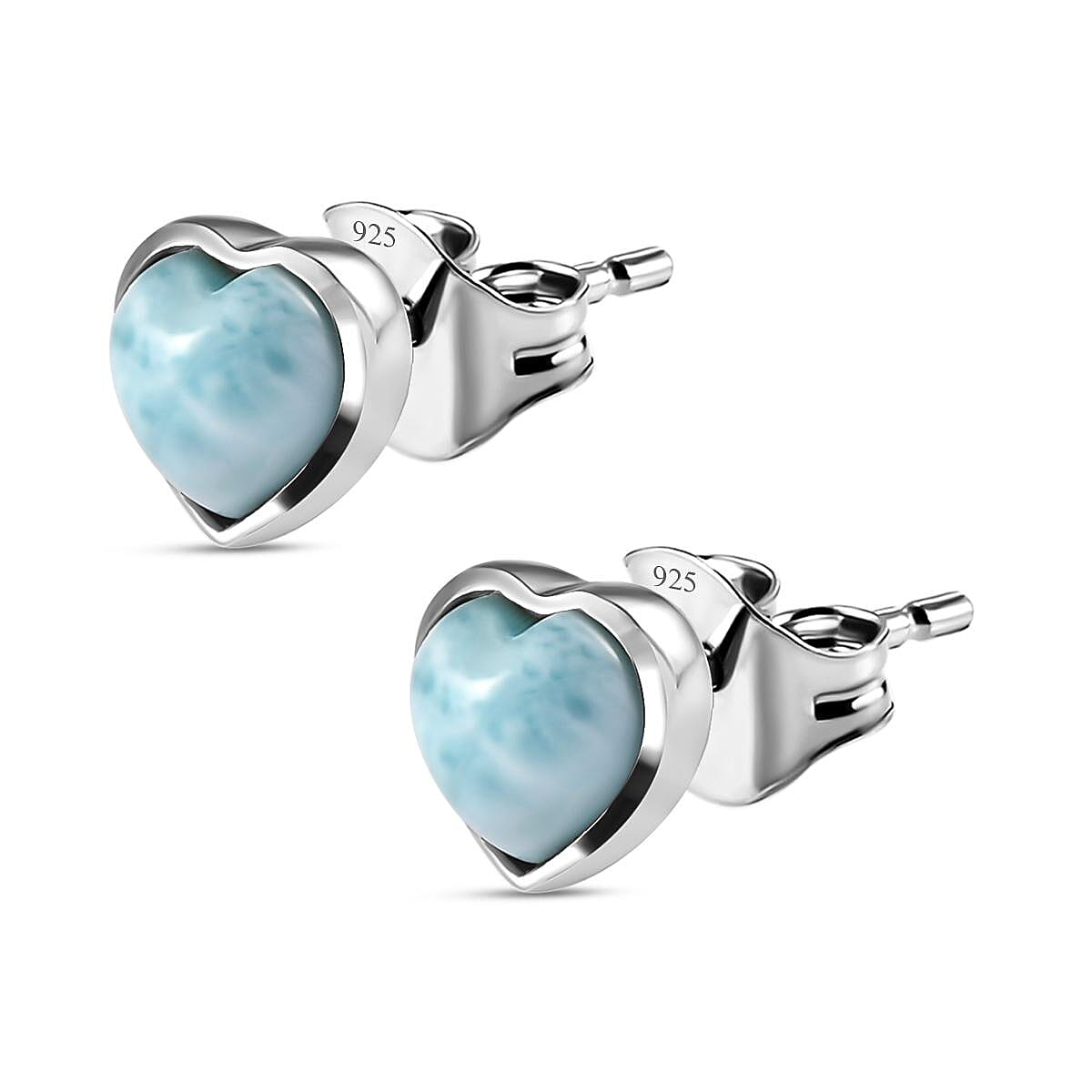 Larimar Heart Stud Earrings (With Push Back) in Platinum Overlay Sterling Silver 2.03 Ct.