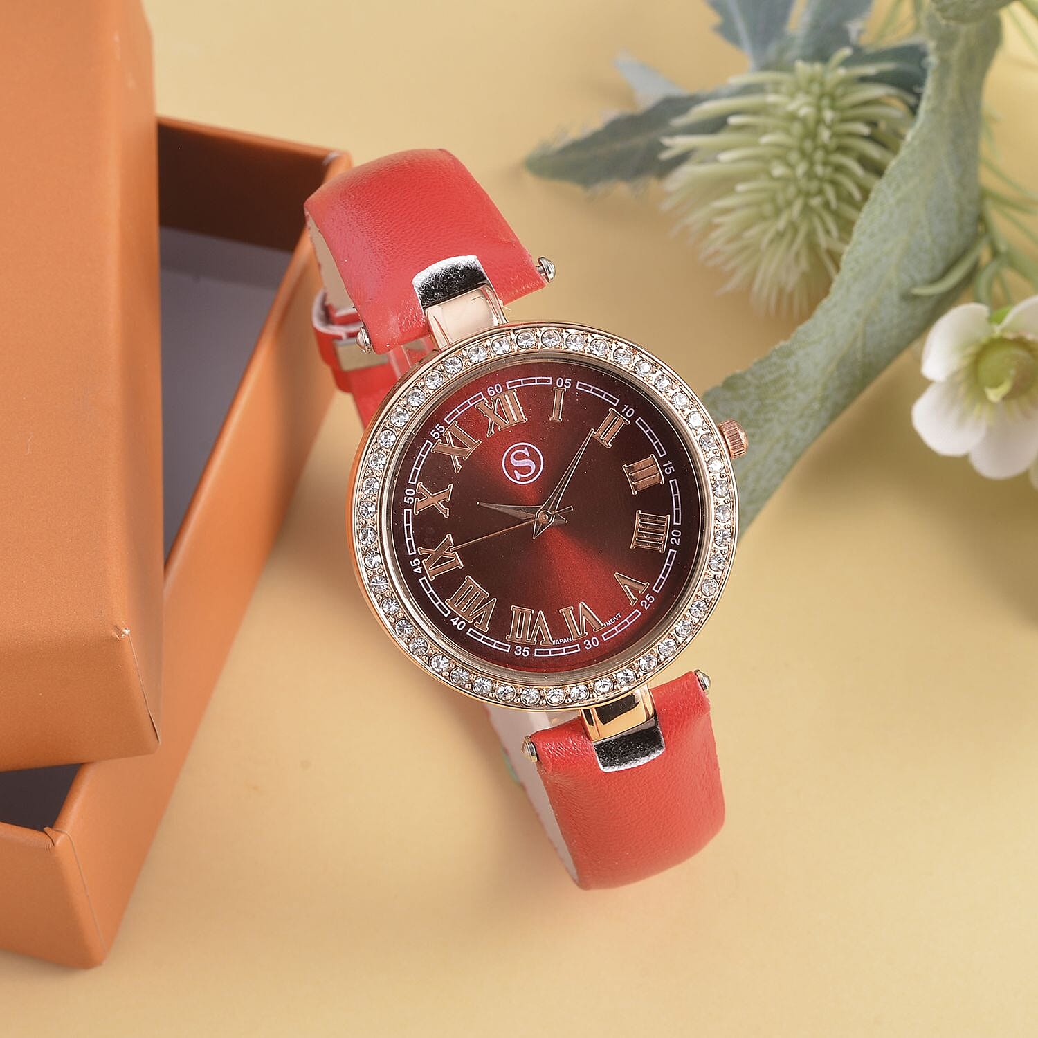 STRADA Japanese Movement White Austrian Crystal Embellished Water Resistant Watch with Red Dial & Strap