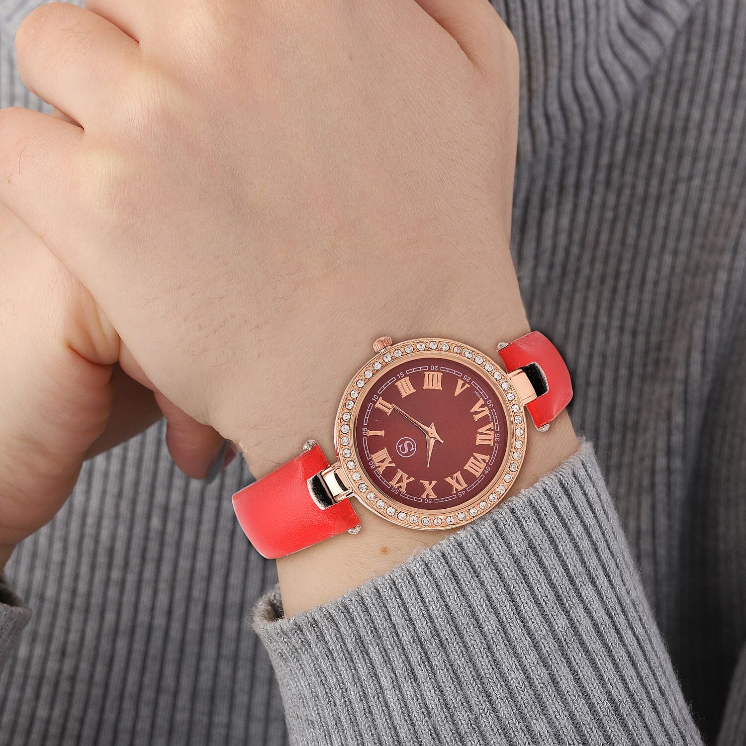 STRADA Japanese Movement White Austrian Crystal Embellished Water Resistant Watch with Red Dial & Strap