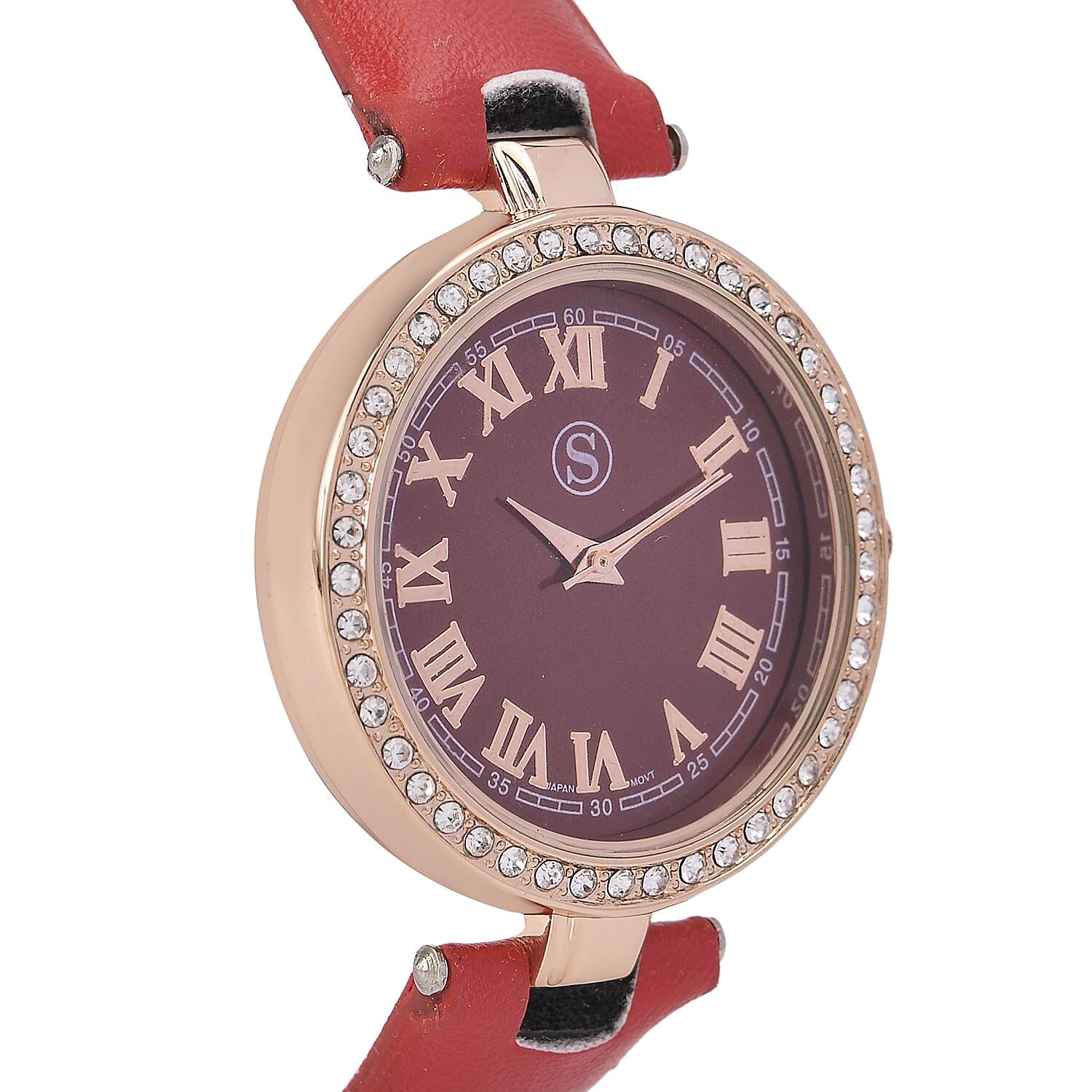 STRADA Japanese Movement White Austrian Crystal Embellished Water Resistant Watch with Red Dial & Strap