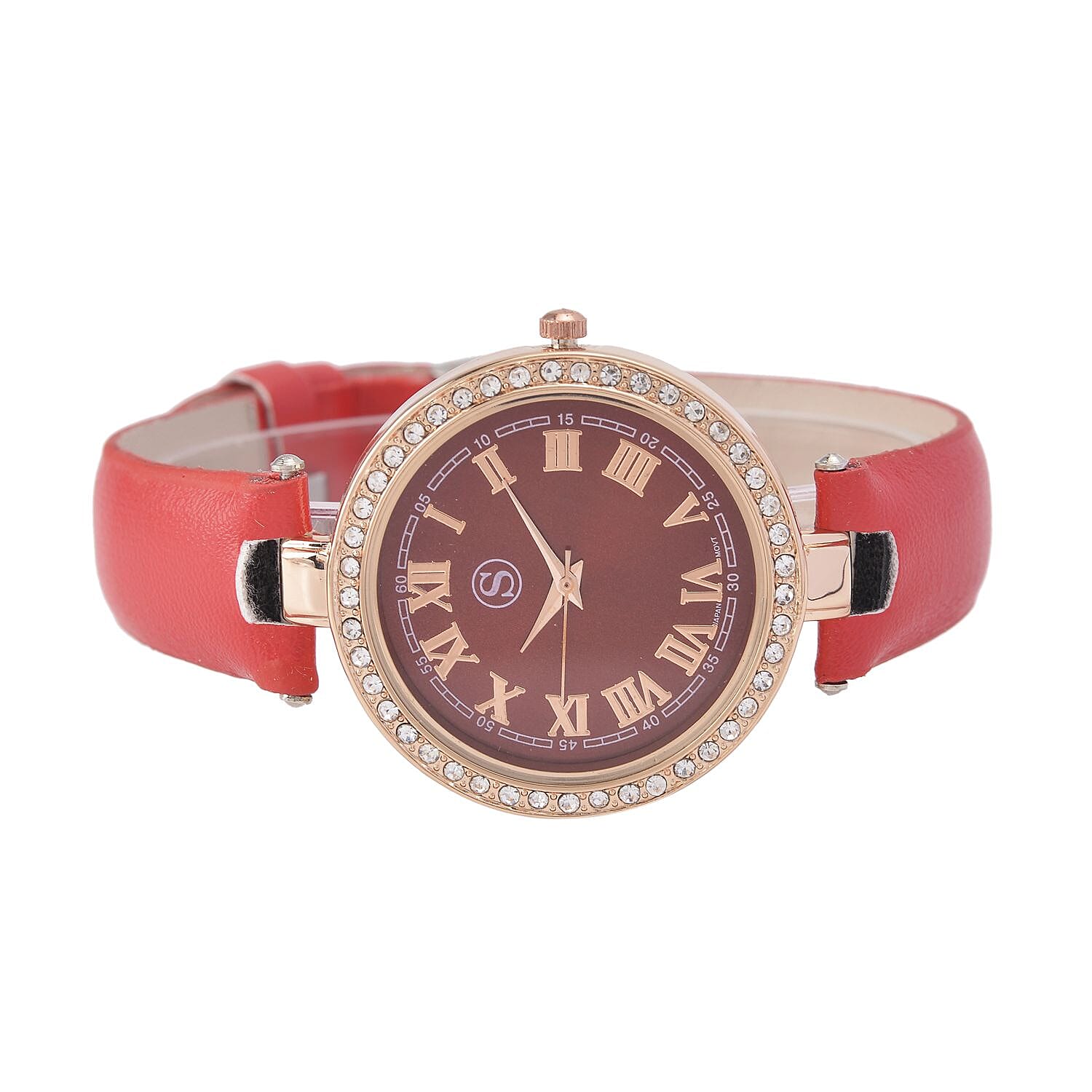 STRADA Japanese Movement White Austrian Crystal Embellished Water Resistant Watch with Red Dial & Strap