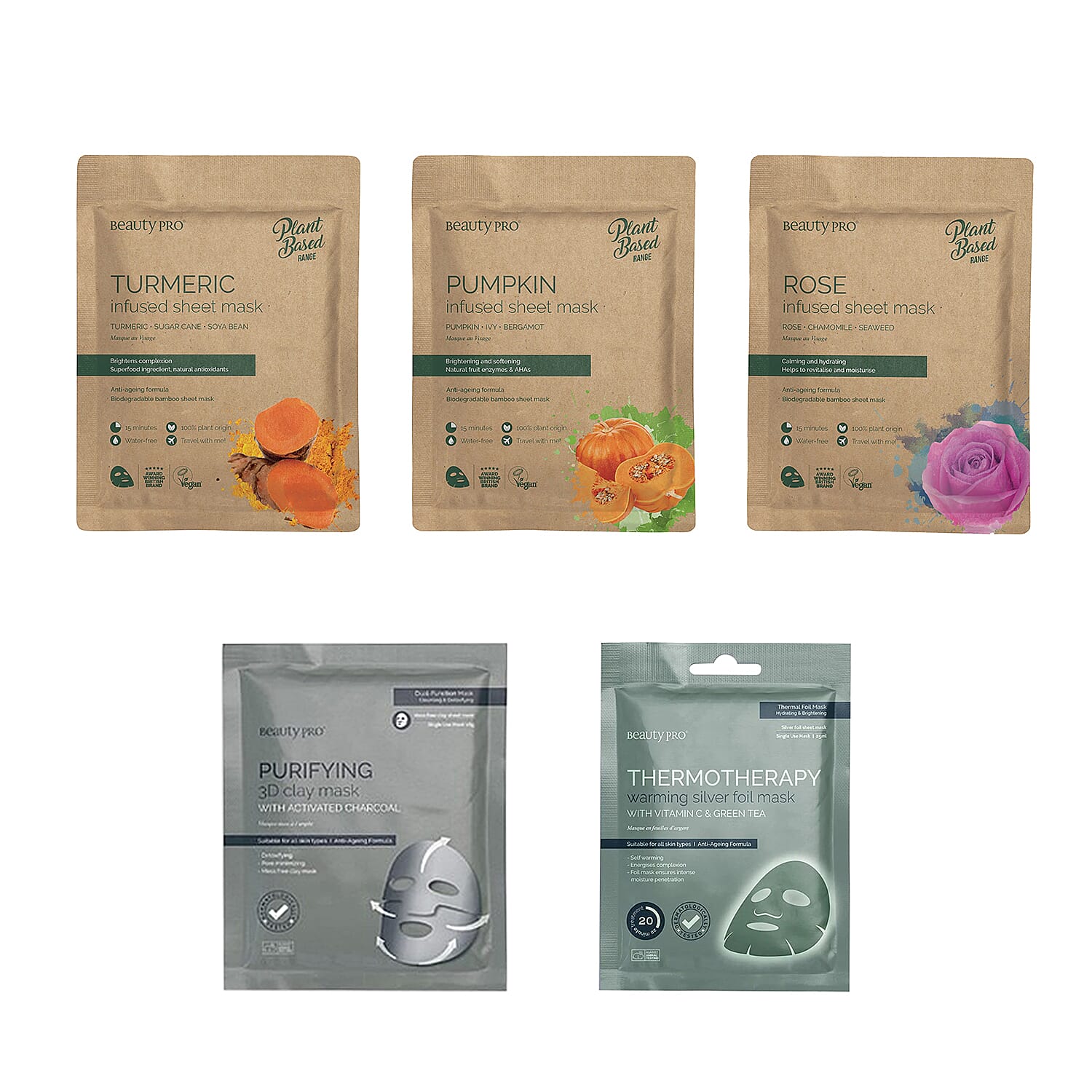 Set of Five Mask Incl. 3D Clay Mask, Warming Silver Foil Mask, Pumpkin Infused Sheet Mask, Turmeric Infused Sheet Mask and Rose Infused Sheet Mask