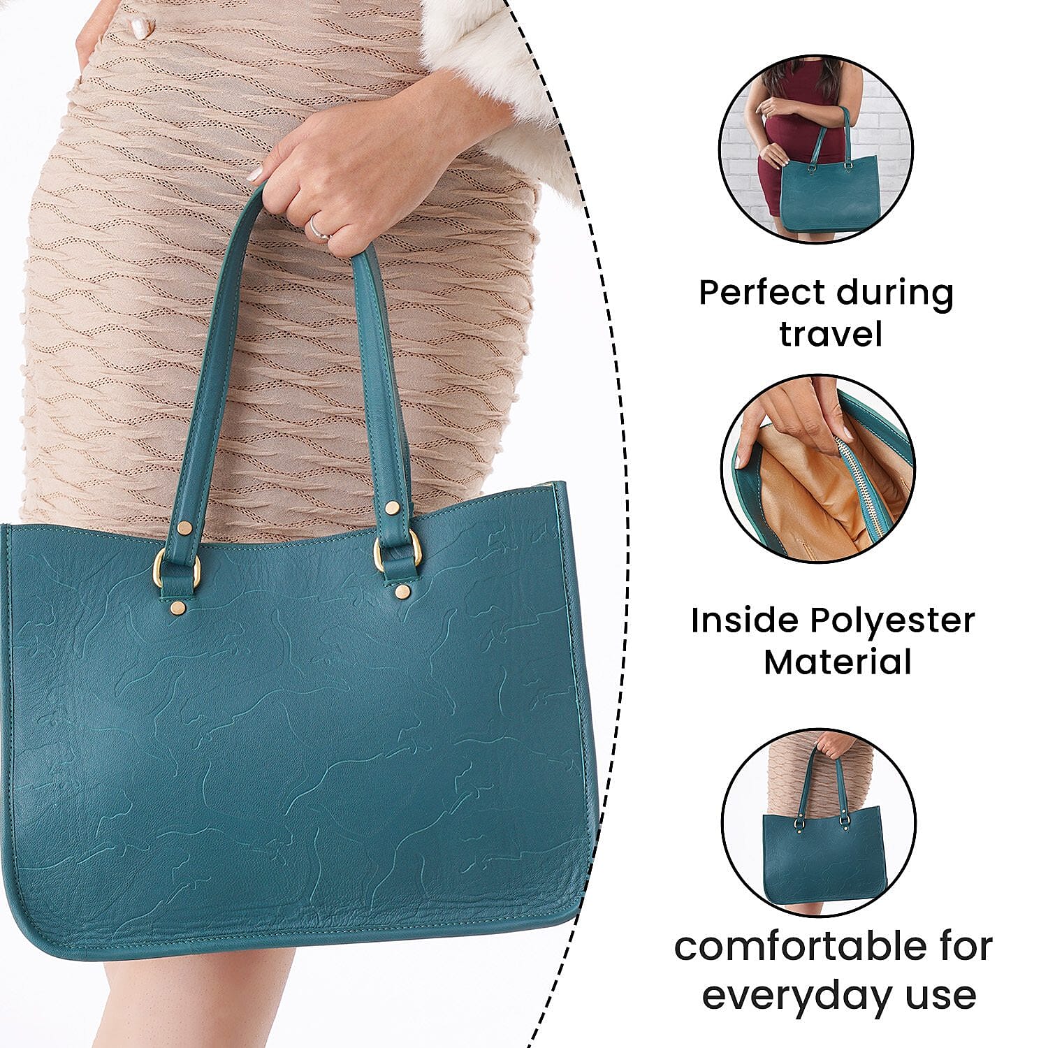 Genuine Leather Panther Embossed Shoulder Bag with Handle Drop - Teal Green