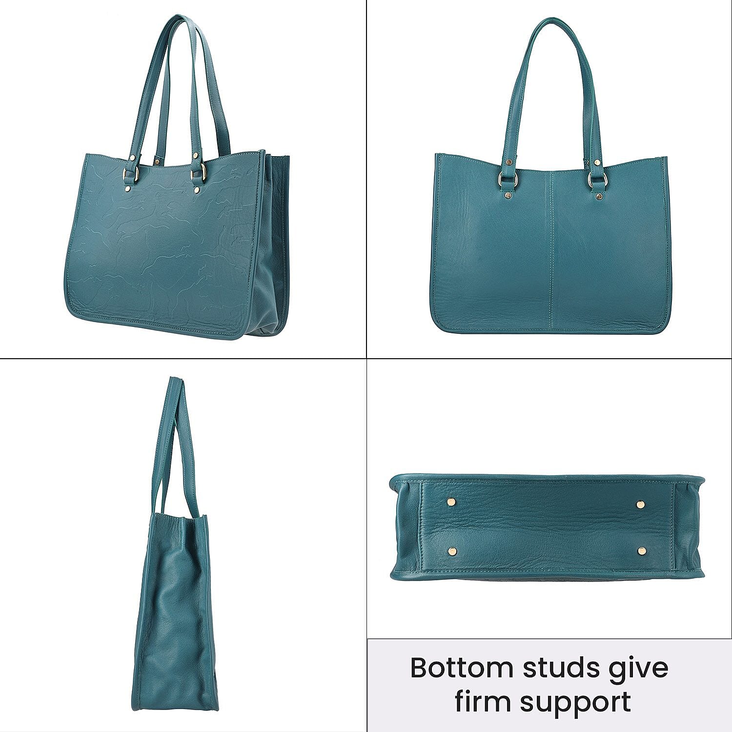 Genuine Leather Panther Embossed Shoulder Bag with Handle Drop - Teal Green