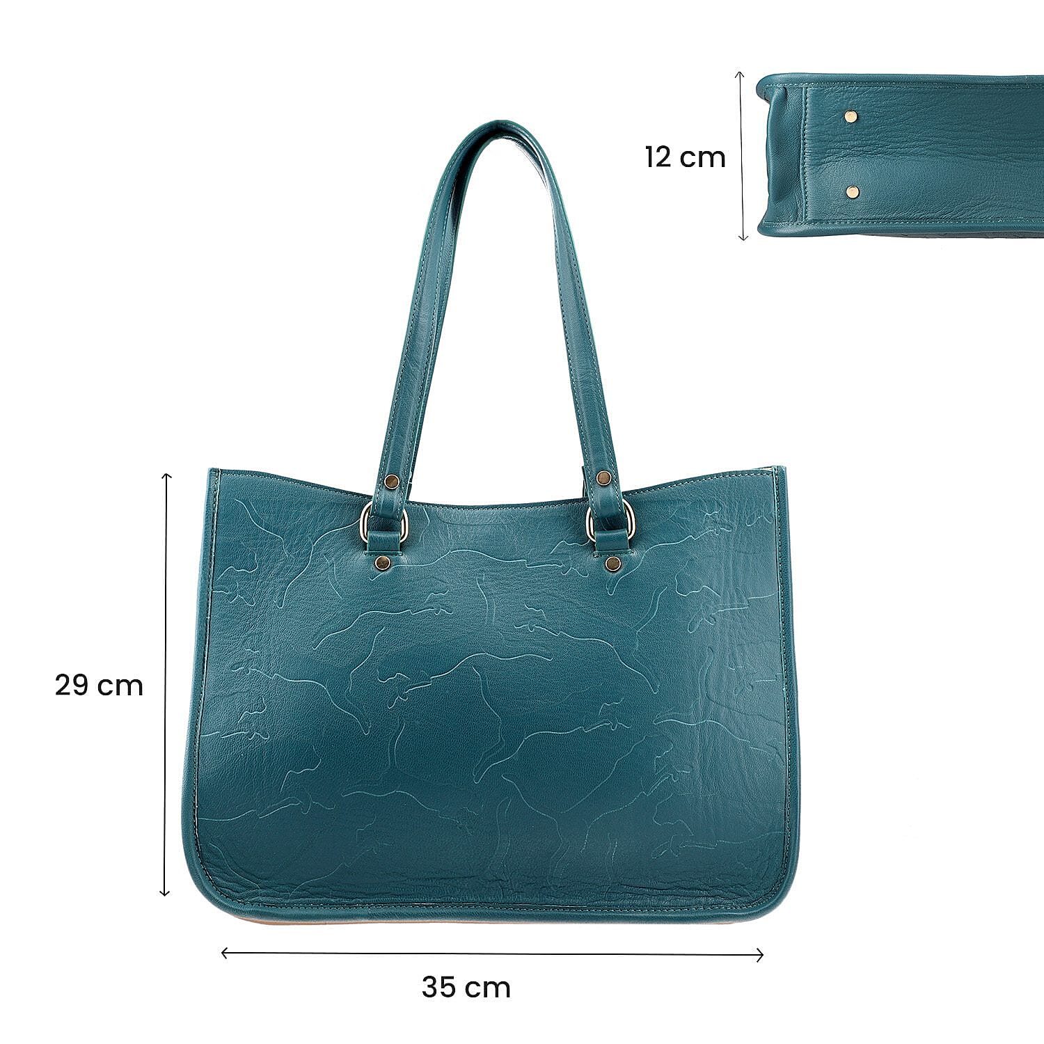 Genuine Leather Panther Embossed Shoulder Bag with Handle Drop - Teal Green