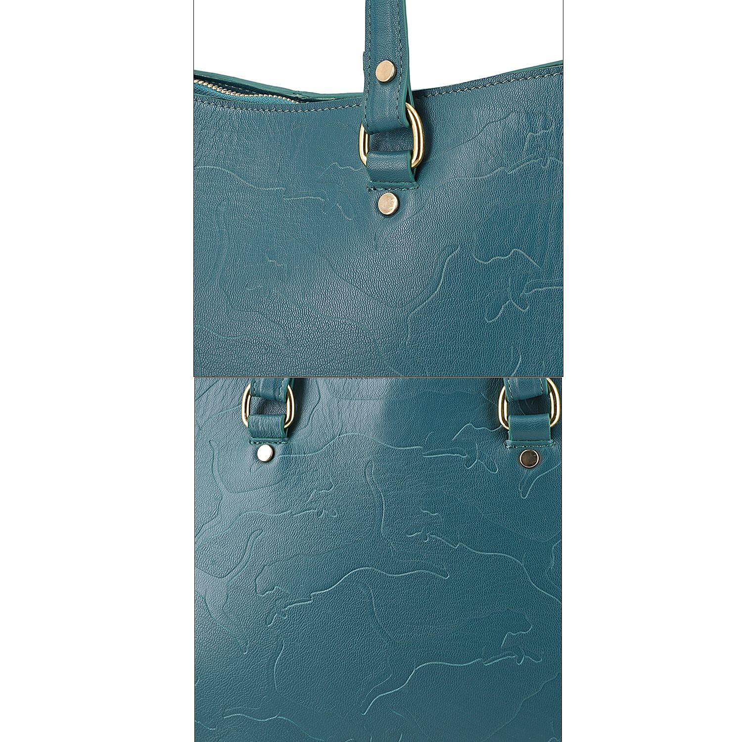 Genuine Leather Panther Embossed Shoulder Bag with Handle Drop - Teal Green