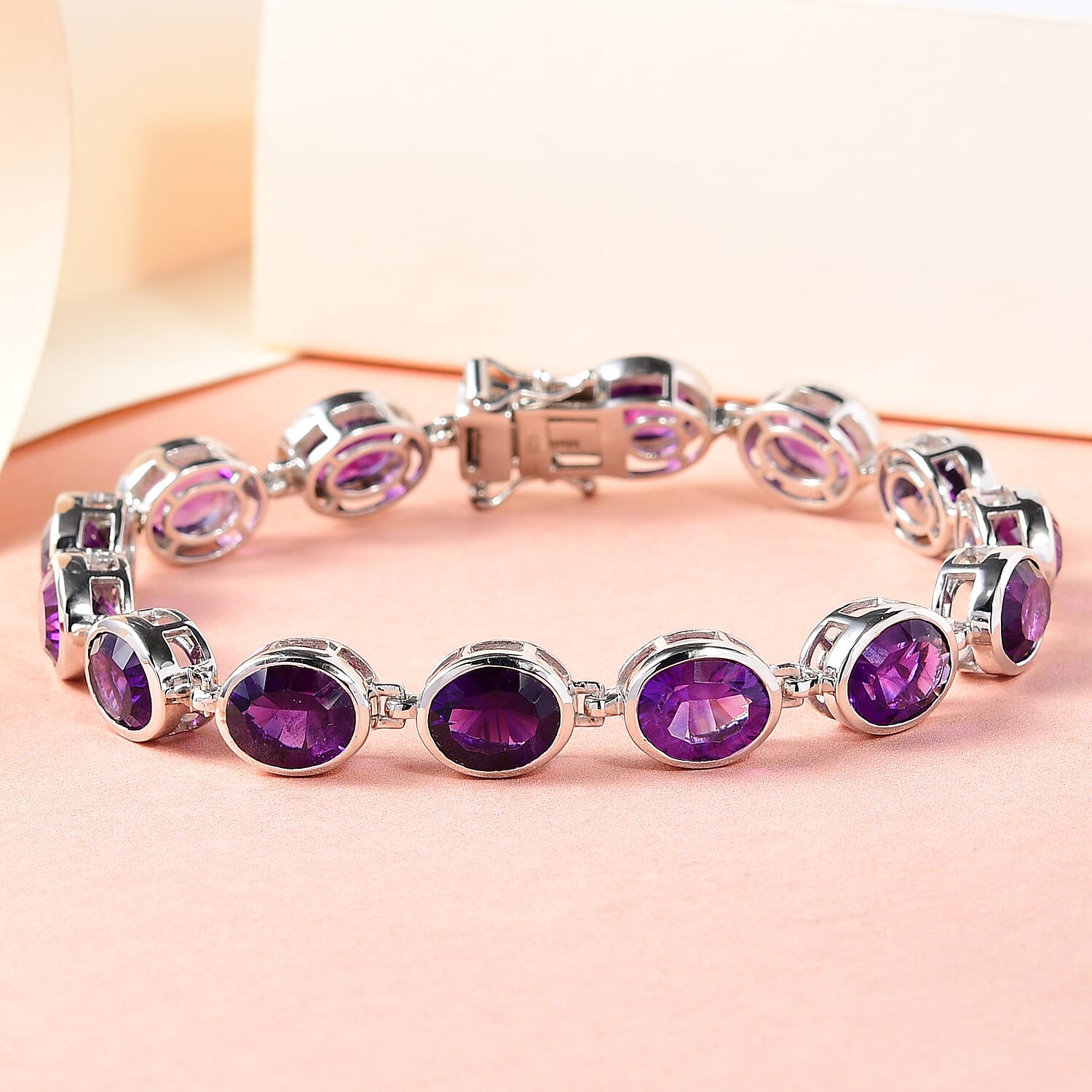 Amethyst (Concave Cut) Bracelet (Size - 7.5) in Platinum Overlay Sterling Silver 27.64 Ct, Silver Wt. 15.40 Gms
