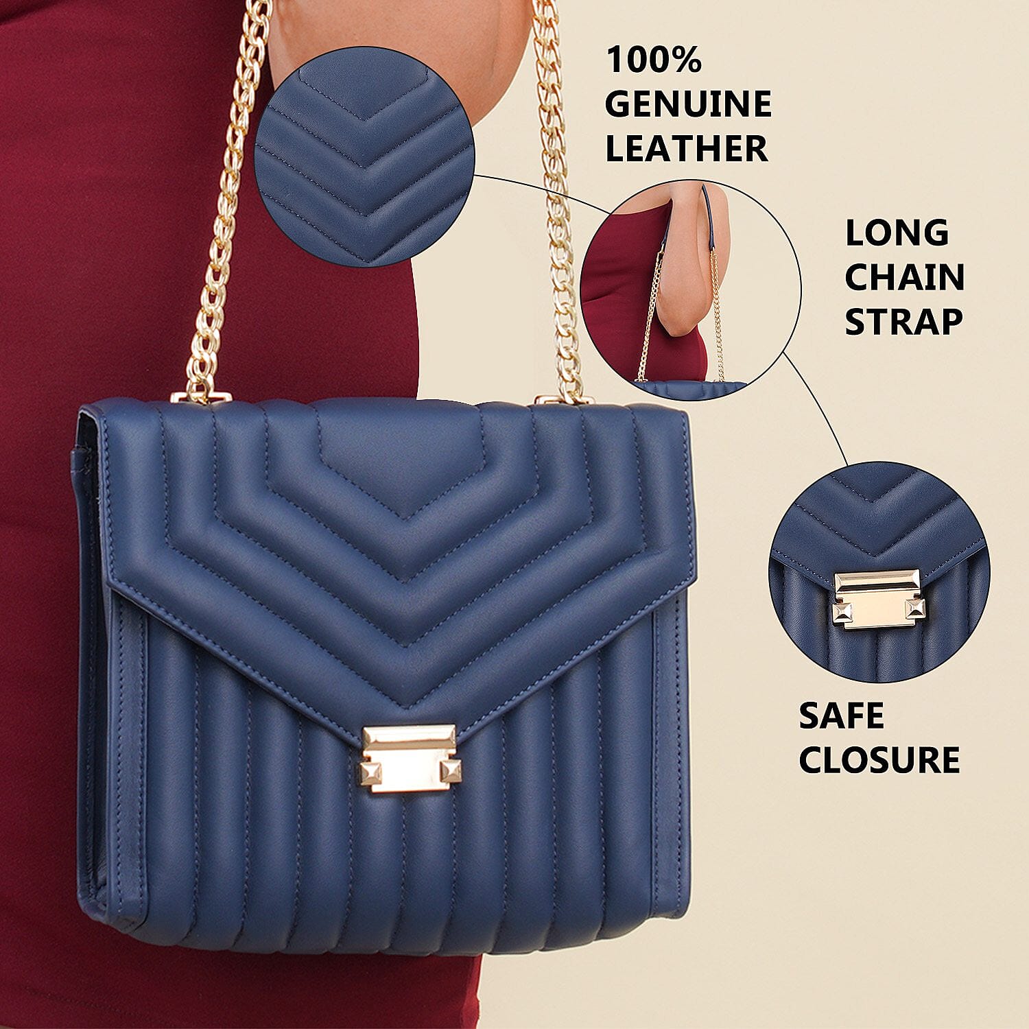 ONE TIME DEAL Designer 100% Genuine Leather Quilted Crossbody Bag With Curb Link Chain Strap - Navy