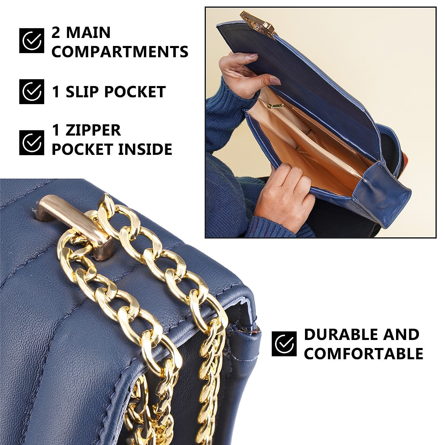 ONE TIME DEAL Designer 100% Genuine Leather Quilted Crossbody Bag With Curb Link Chain Strap - Navy