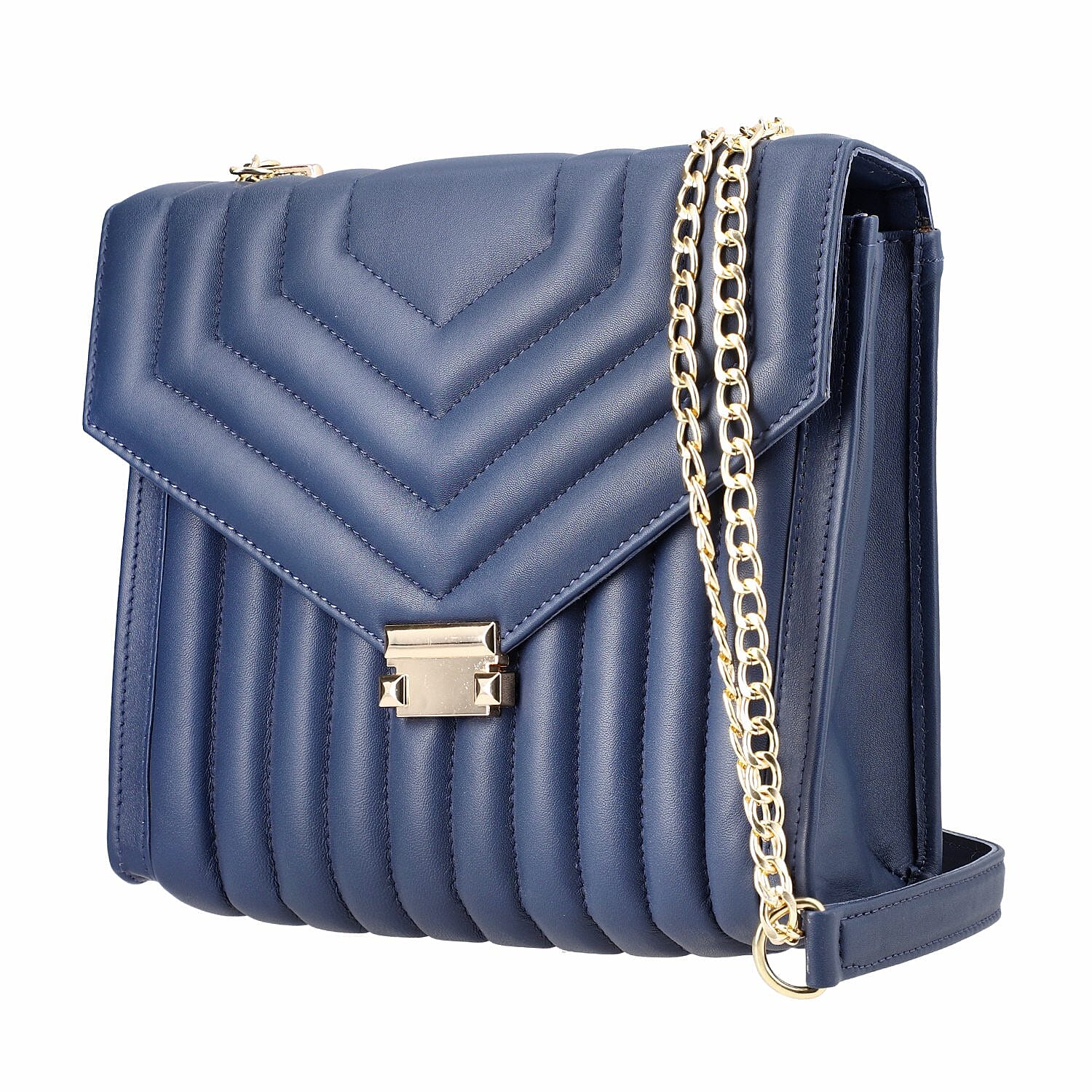 ONE TIME DEAL Designer 100% Genuine Leather Quilted Crossbody Bag With Curb Link Chain Strap - Navy