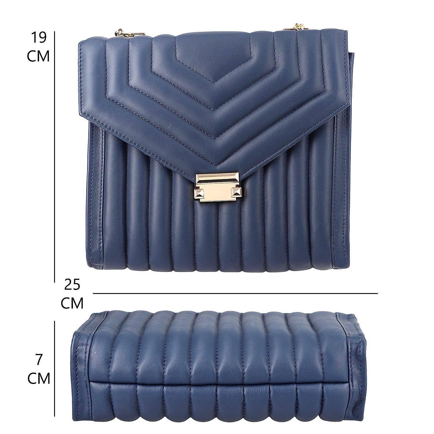 ONE TIME DEAL Designer 100% Genuine Leather Quilted Crossbody Bag With Curb Link Chain Strap - Navy