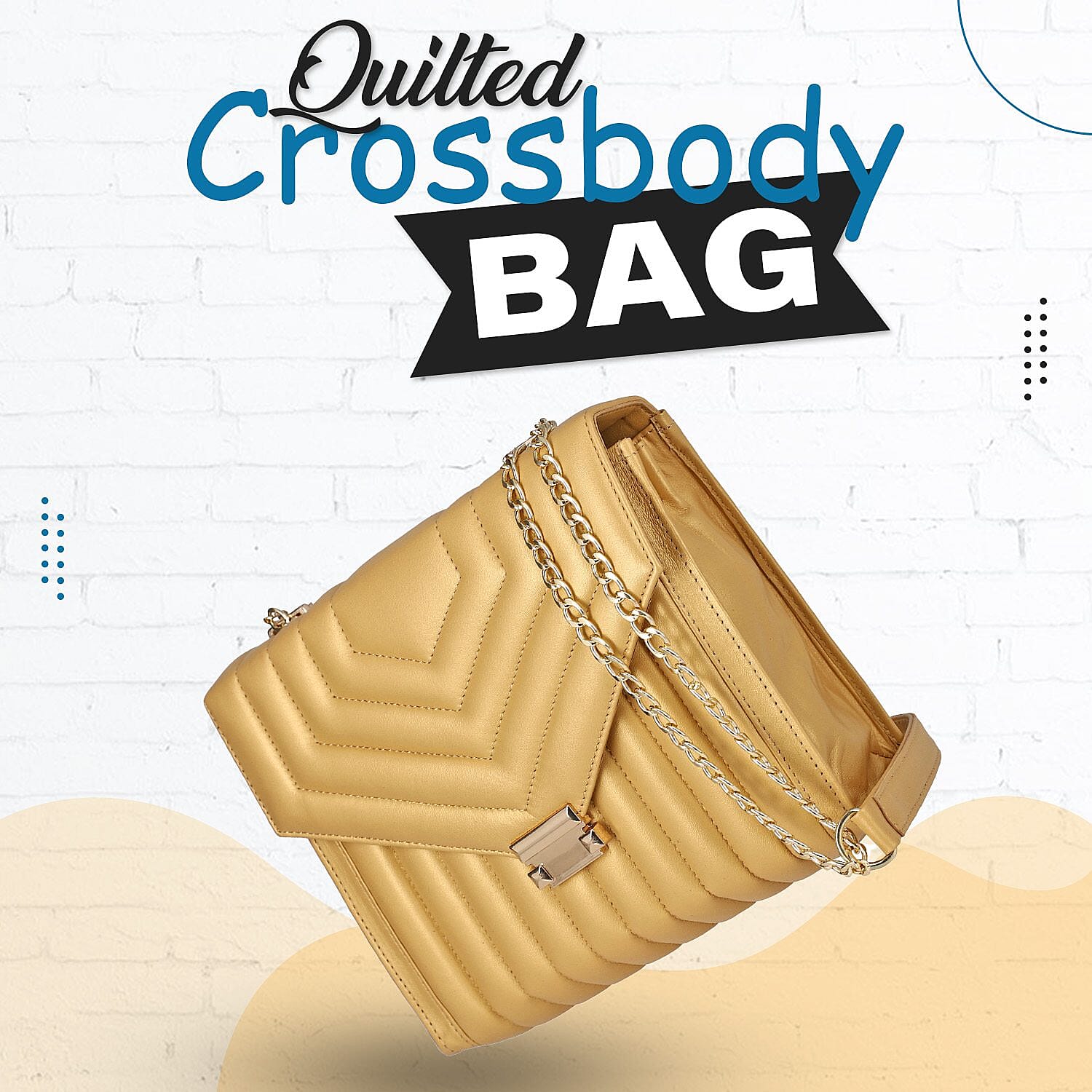 100% Genuine Leather Quilted Crossbody Bag with Curb Link Chain Strap - Golden