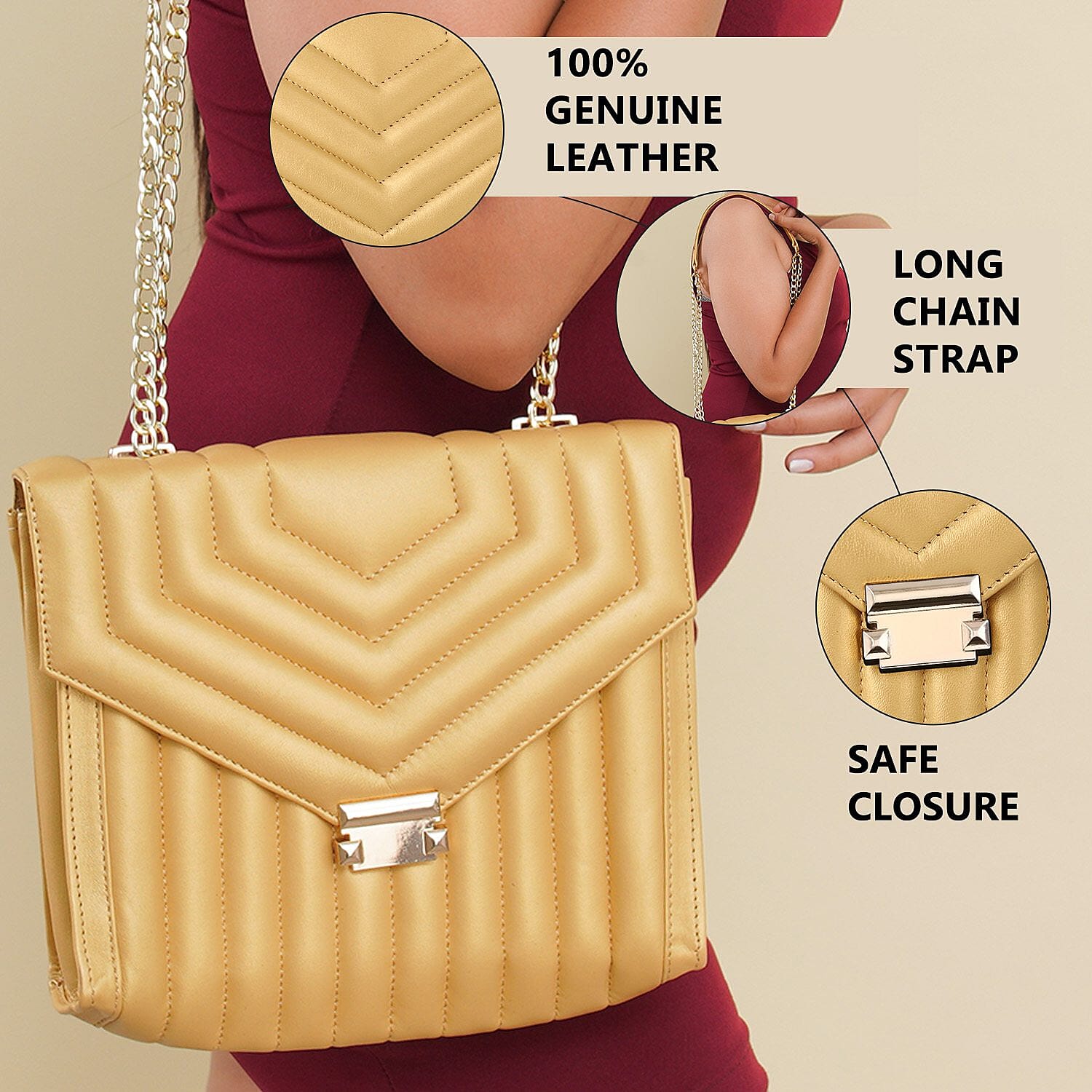 100% Genuine Leather Quilted Crossbody Bag with Curb Link Chain Strap - Golden