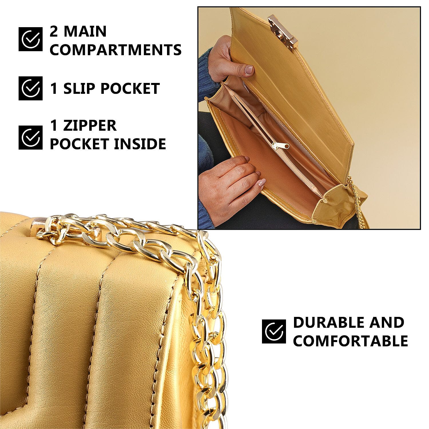 100% Genuine Leather Quilted Crossbody Bag with Curb Link Chain Strap - Golden