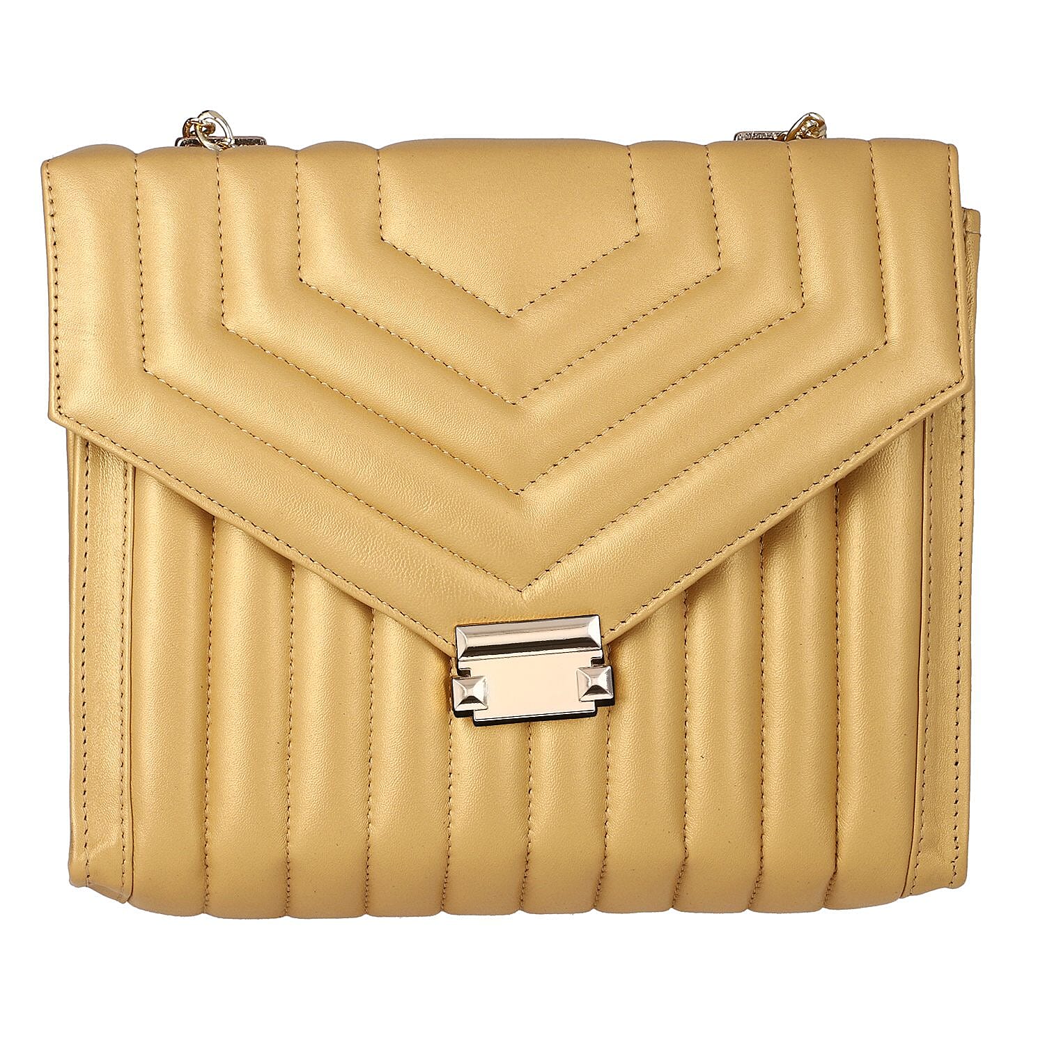 100% Genuine Leather Quilted Crossbody Bag with Curb Link Chain Strap - Golden