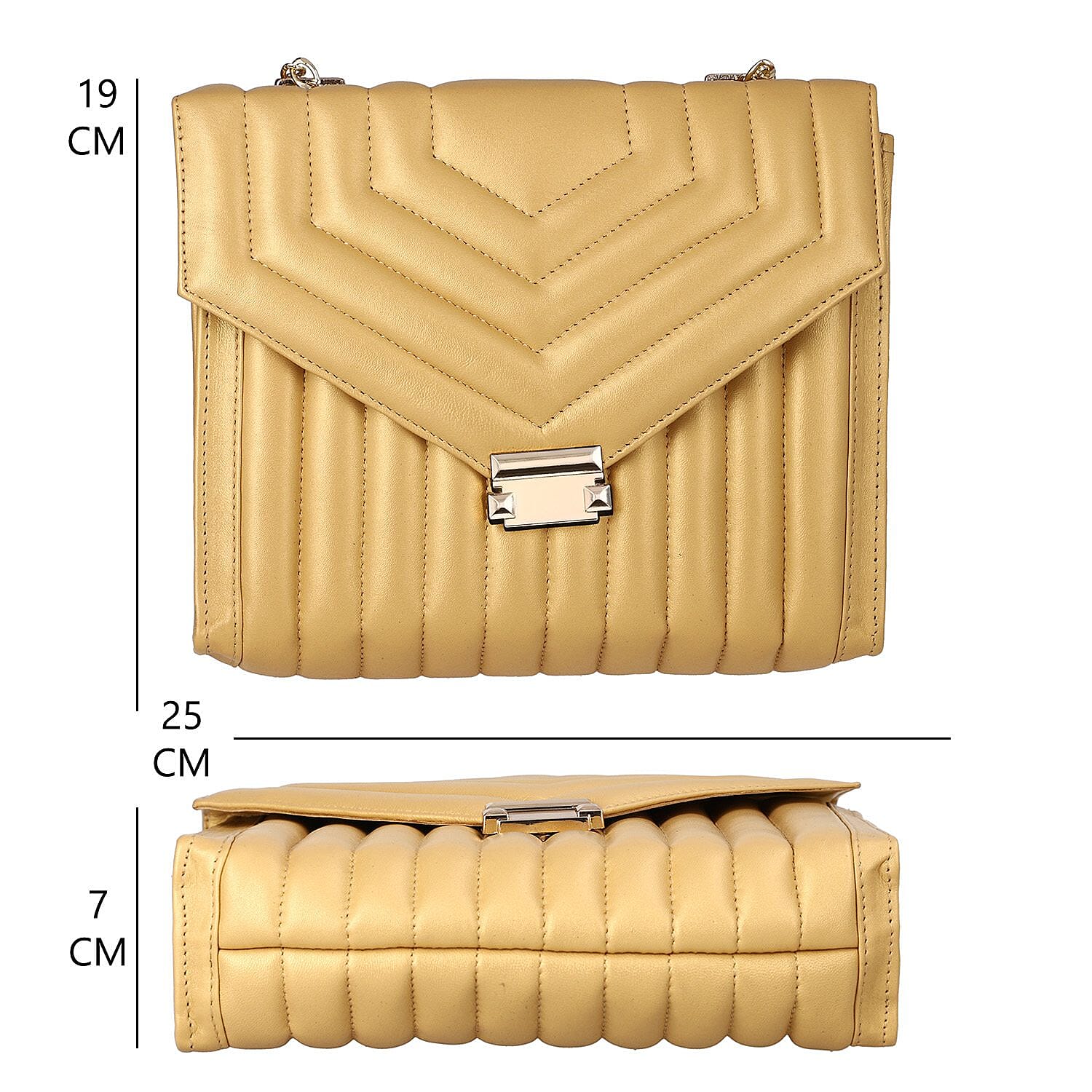 100% Genuine Leather Quilted Crossbody Bag with Curb Link Chain Strap - Golden