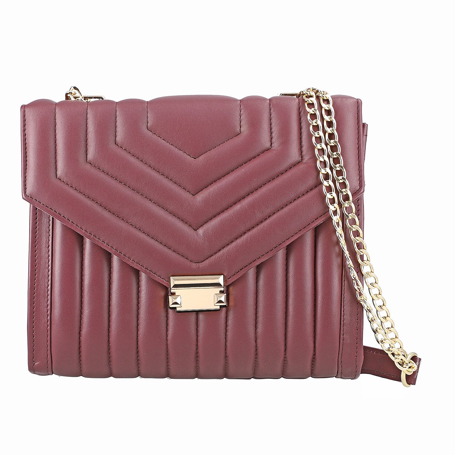 100% Genuine Leather Quilted Crossbody Bag With Curb Link Chain Strap - Maroon