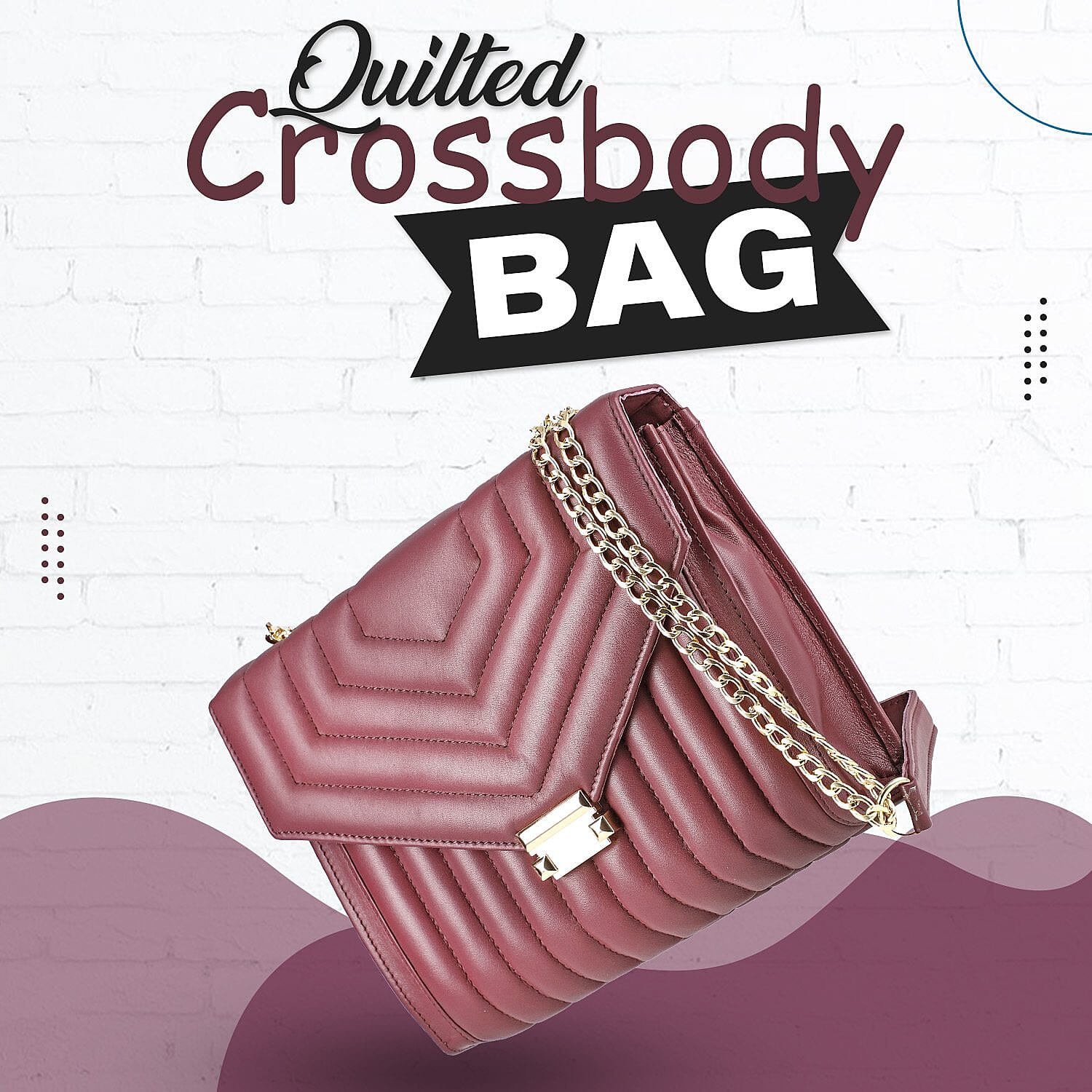 100% Genuine Leather Quilted Crossbody Bag With Curb Link Chain Strap - Maroon